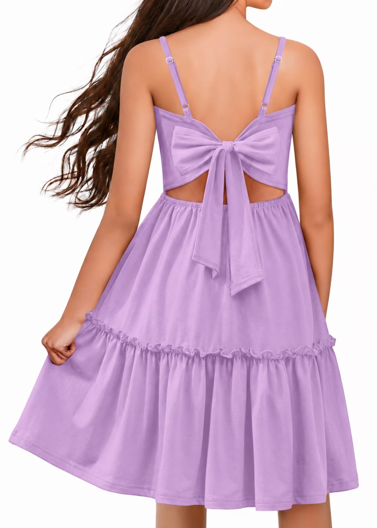 Oudiya Girls Spaghetti Strap Tie Back Dress Ruffle Hem Summer Beach Casual Sundress with Pockets, 6-14Y
