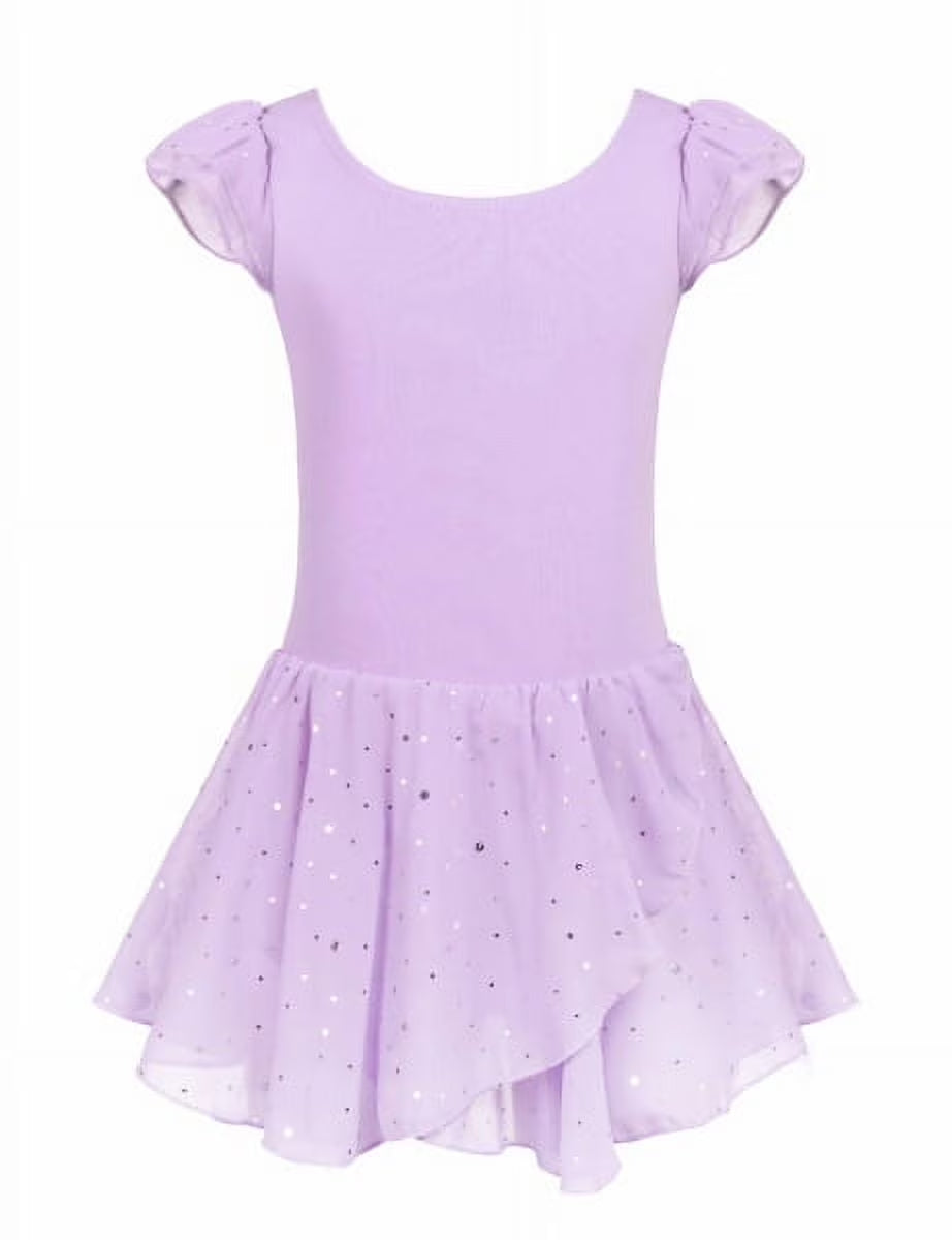 Oudiya Girls Ballet Dance Dress Leotards Ruffle Sleeve Shiny Ballet Tutu Skirt for Kids 3-11Y