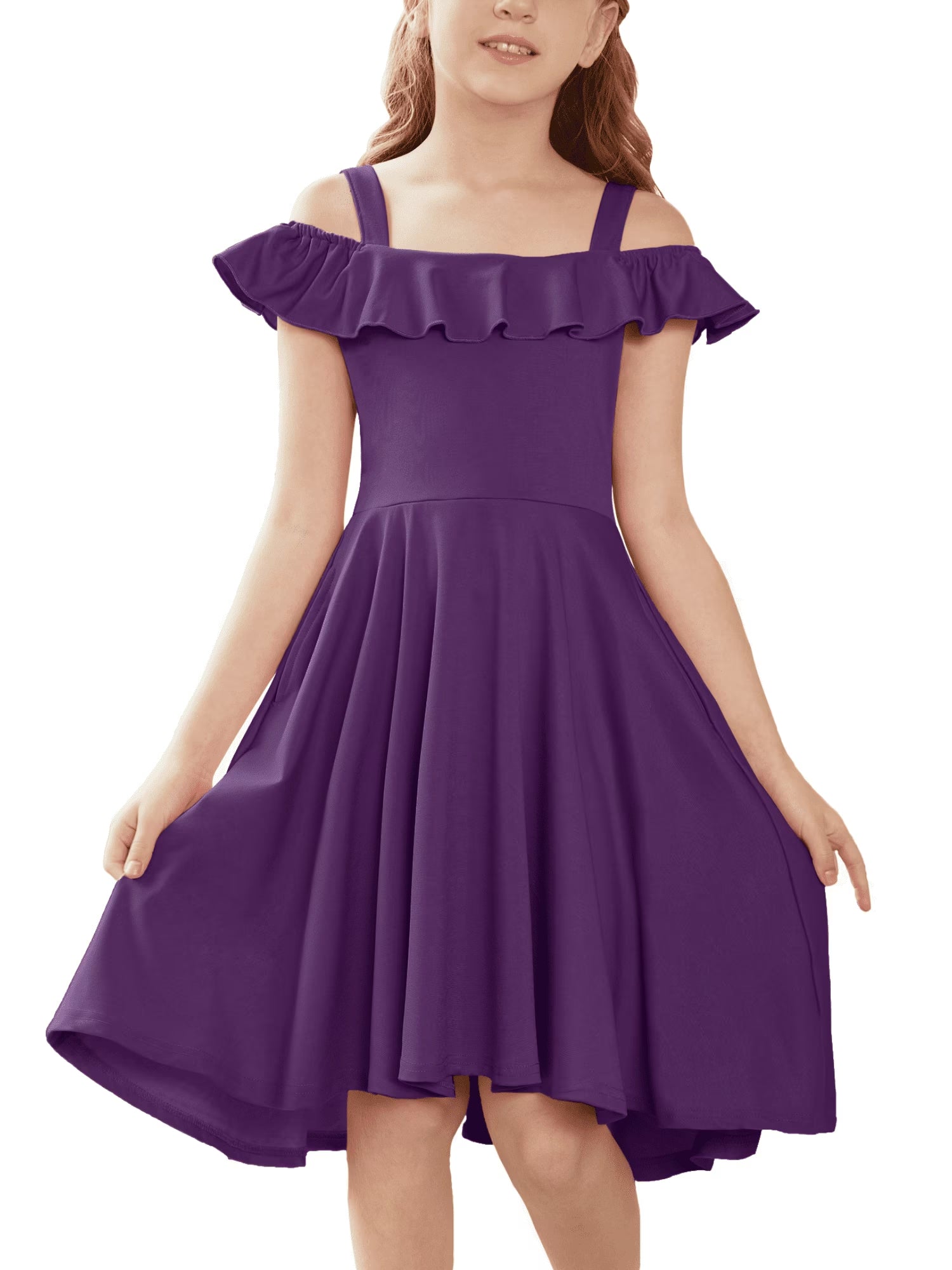 Oudiya Girls Off Shoulder Dress Flutter Sleeve Summer Midi Swing Dress with Pockets Formal Dress 4-13Y