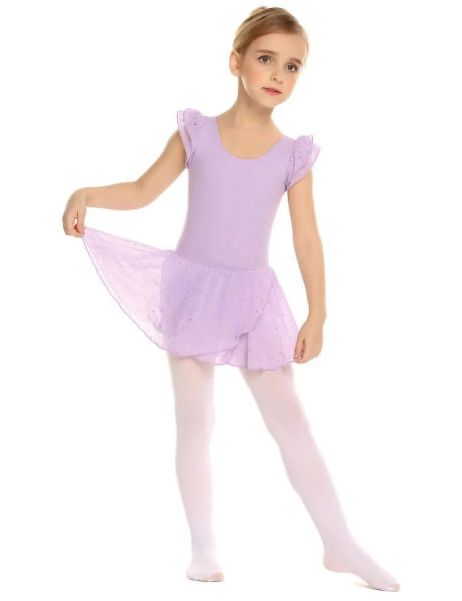 Oudiya Girls Ballet Dance Dress Leotards Ruffle Sleeve Shiny Ballet Tutu Skirt for Kids 3-11Y