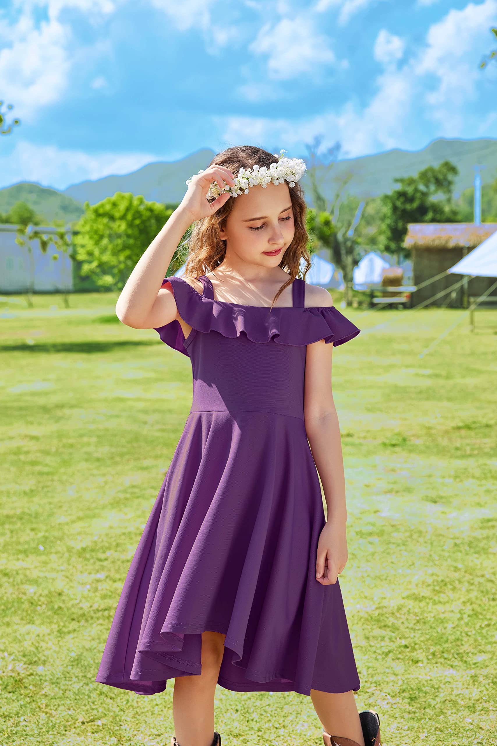 Oudiya Girls Off Shoulder Dress Flutter Sleeve Summer Midi Swing Dress with Pockets Formal Dress 4-13Y