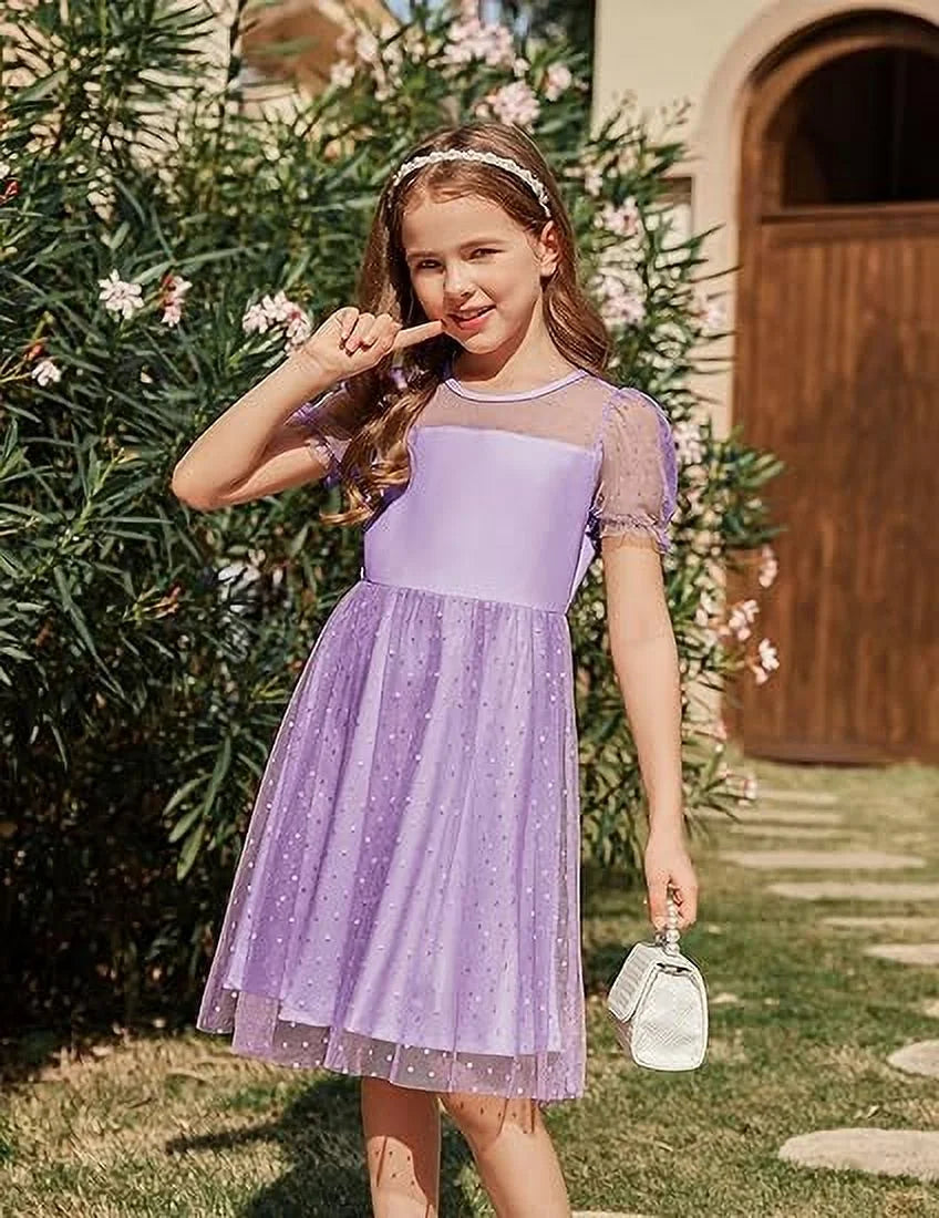 Oudiya Girls Contrast Mesh Short Sleeve Dress Puffy Casual A Line Party Dress for Kids 3-12Y