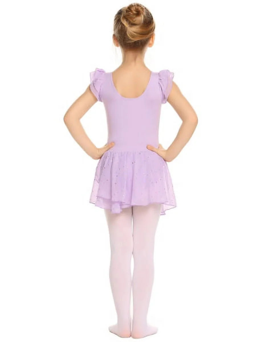 Oudiya Girls Ballet Dance Dress Leotards Ruffle Sleeve Shiny Ballet Tutu Skirt for Kids 3-11Y
