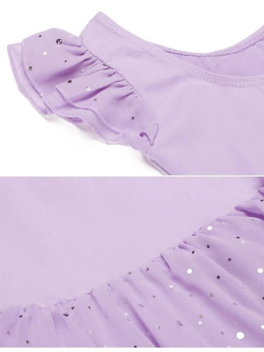 Oudiya Girls Ballet Dance Dress Leotards Ruffle Sleeve Shiny Ballet Tutu Skirt for Kids 3-11Y