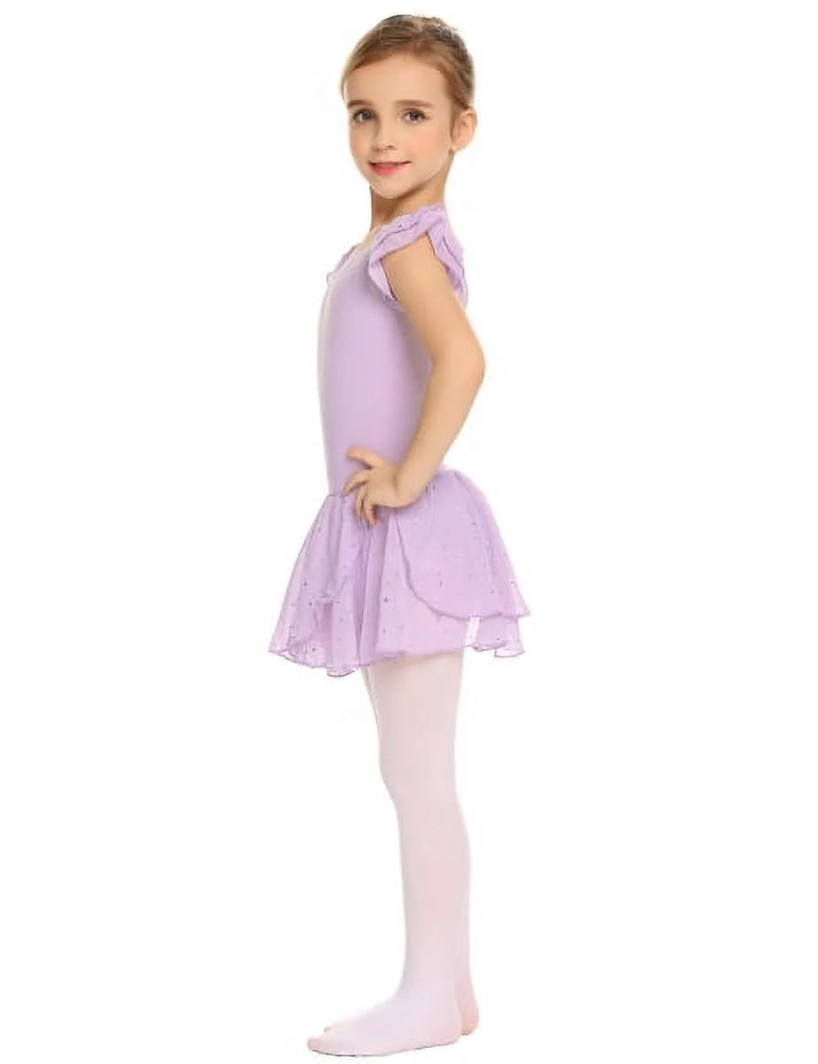 Oudiya Girls Ballet Dance Dress Leotards Ruffle Sleeve Shiny Ballet Tutu Skirt for Kids 3-11Y