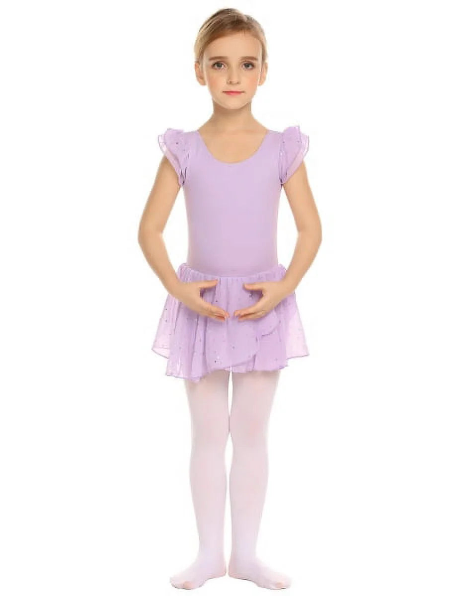 Oudiya Girls Ballet Dance Dress Leotards Ruffle Sleeve Shiny Ballet Tutu Skirt for Kids 3-11Y