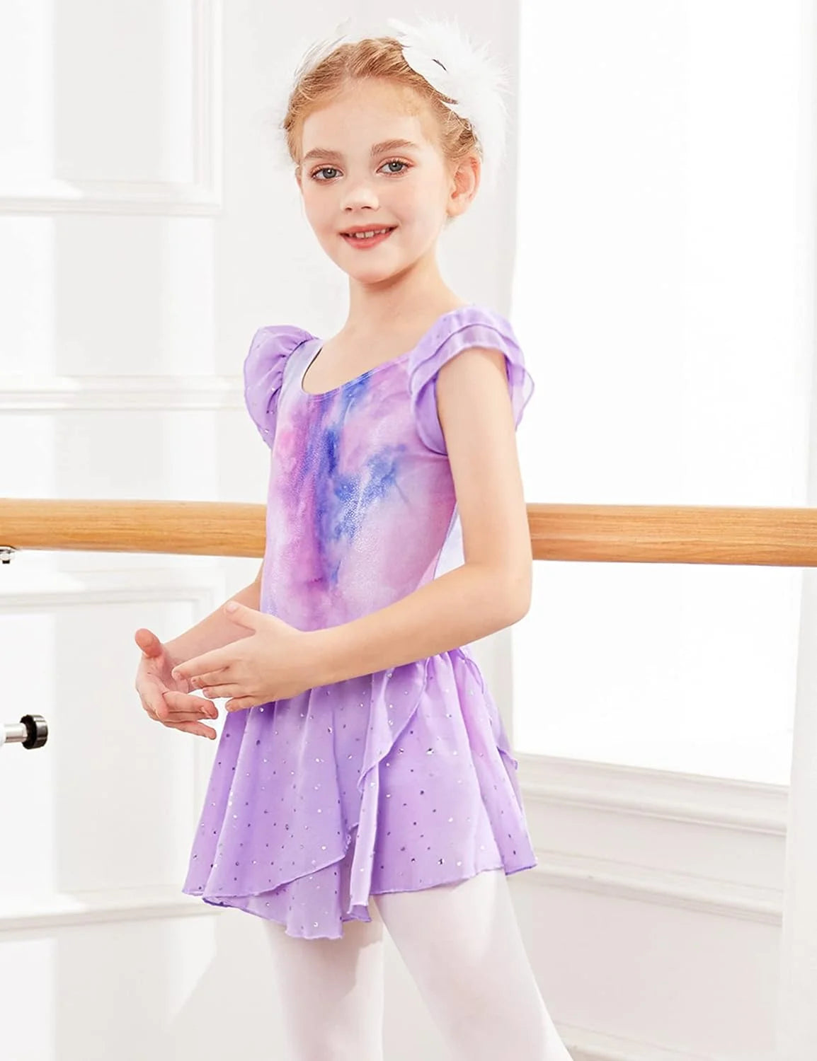 Oudiya Girls Ballet Dance Dress Leotards Ruffle Sleeve Shiny Ballet Tutu Skirt for Kids 3-11Y