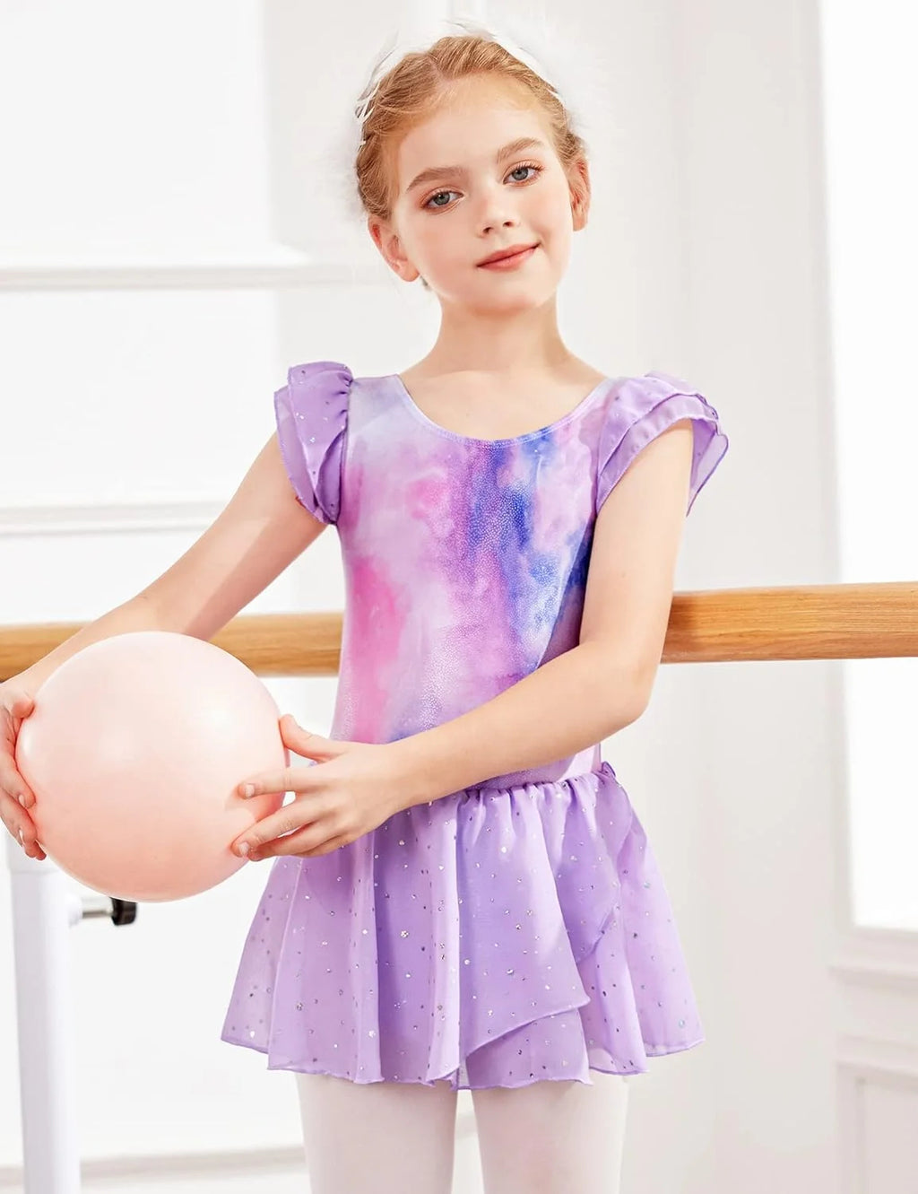 Oudiya Girls Ballet Dance Dress Leotards Ruffle Sleeve Shiny Ballet Tutu Skirt for Kids 3-11Y