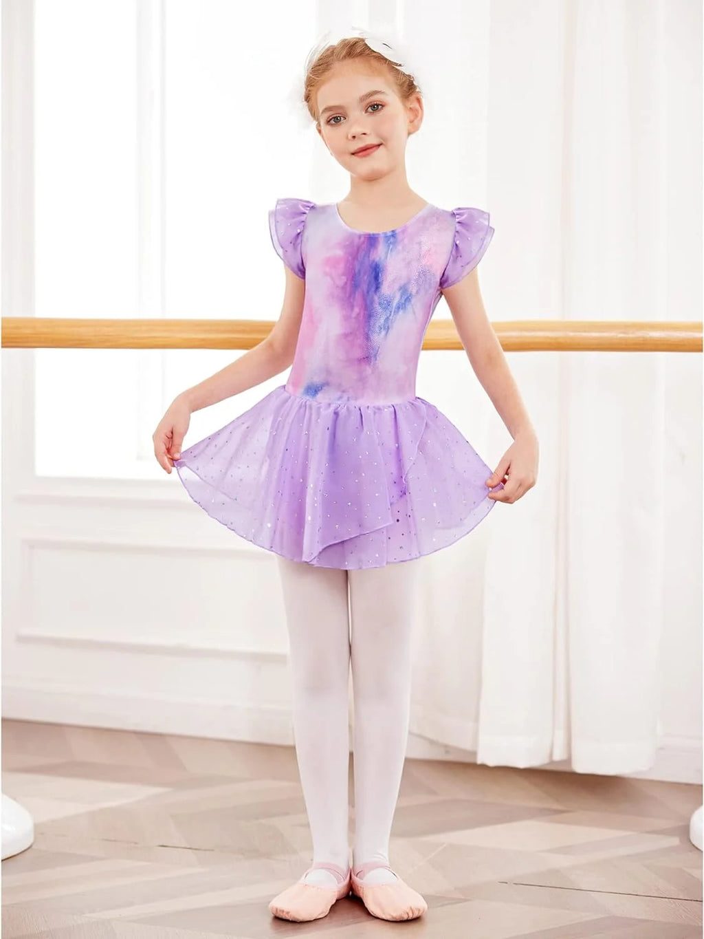 Oudiya Girls Ballet Dance Dress Leotards Ruffle Sleeve Shiny Ballet Tutu Skirt for Kids 3-11Y