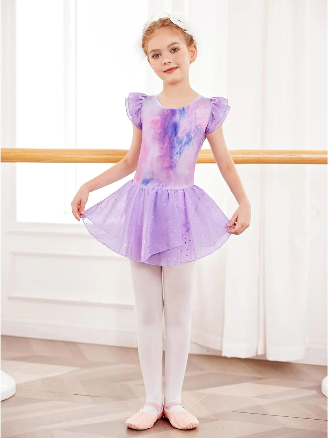 Oudiya Girls Ballet Dance Dress Leotards Ruffle Sleeve Shiny Ballet Tutu Skirt for Kids 3-11Y