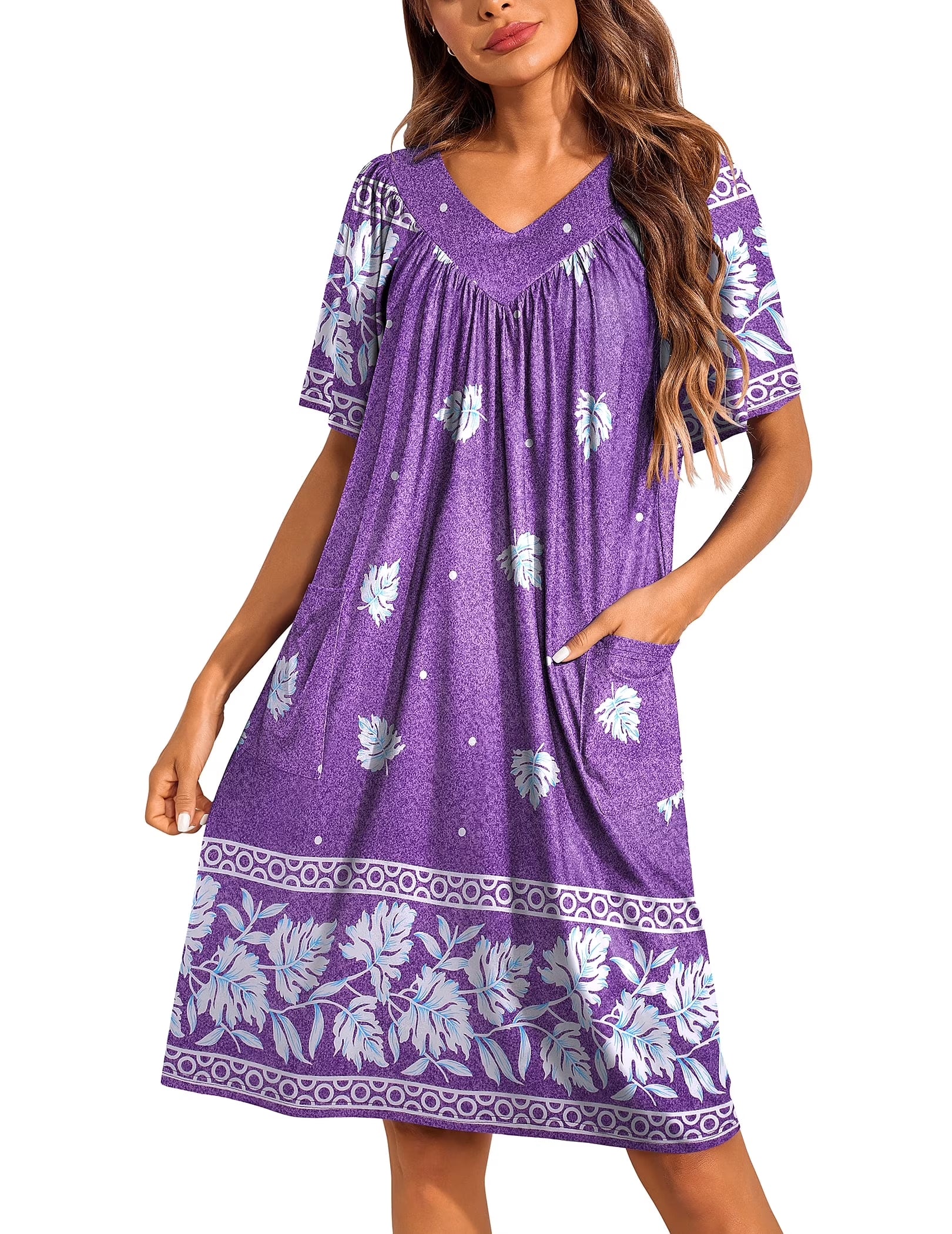 Oudiya Womens Mumus House Dress Floral Print Short Sleeve Nightgowns Moomoo Dresses with Pockets