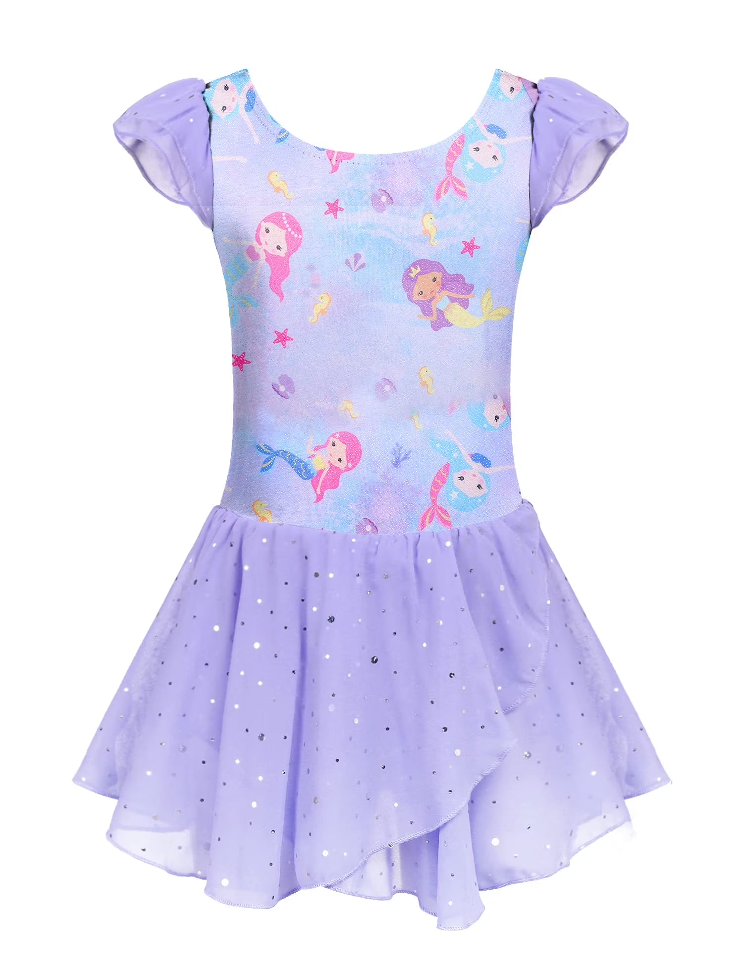 Oudiya Girls Ballet Dance Dress Leotards Ruffle Sleeve Shiny Ballet Tutu Skirt for Kids 3-11Y