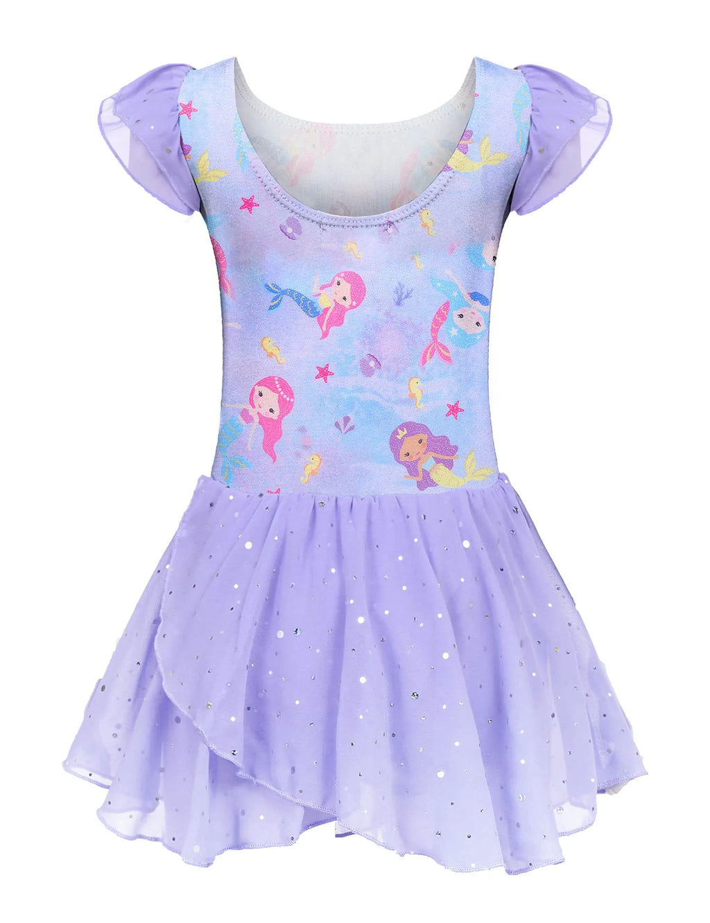 Oudiya Girls Ballet Dance Dress Leotards Ruffle Sleeve Shiny Ballet Tutu Skirt for Kids 3-11Y