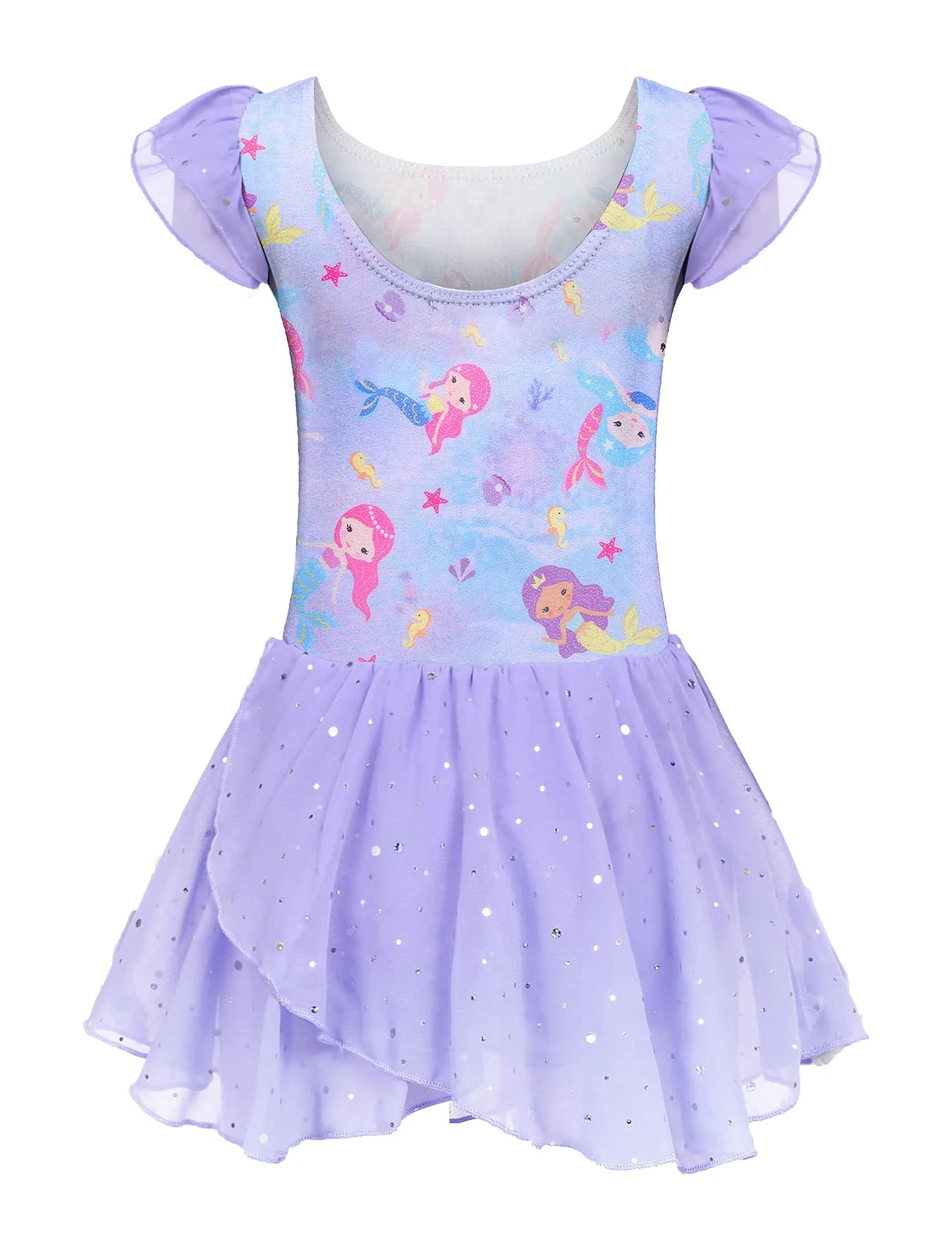 Oudiya Girls Ballet Dance Dress Leotards Ruffle Sleeve Shiny Ballet Tutu Skirt for Kids 3-11Y