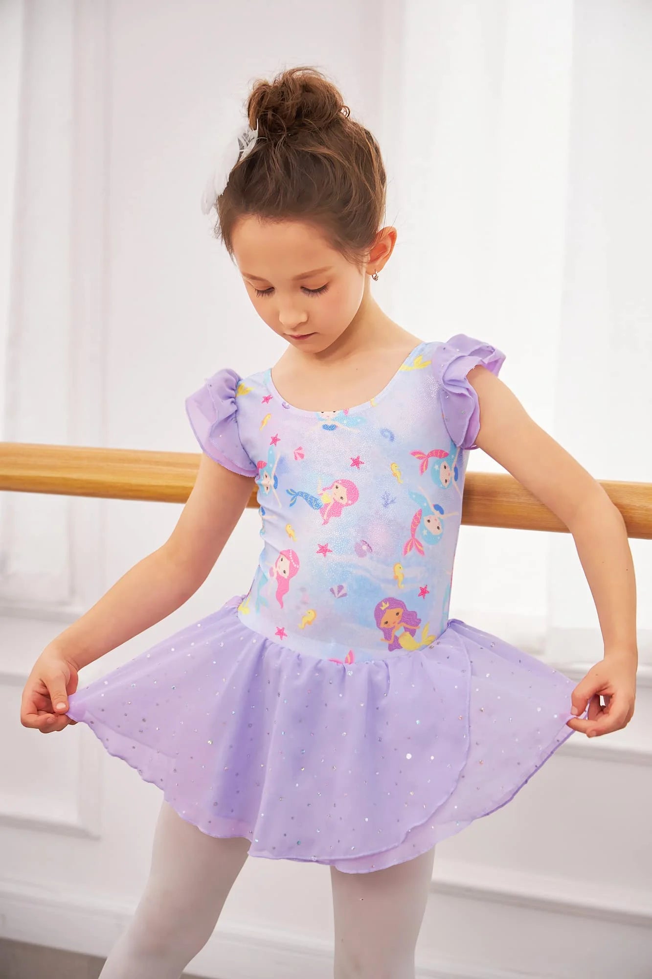Oudiya Girls Ballet Dance Dress Leotards Ruffle Sleeve Shiny Ballet Tutu Skirt for Kids 3-11Y