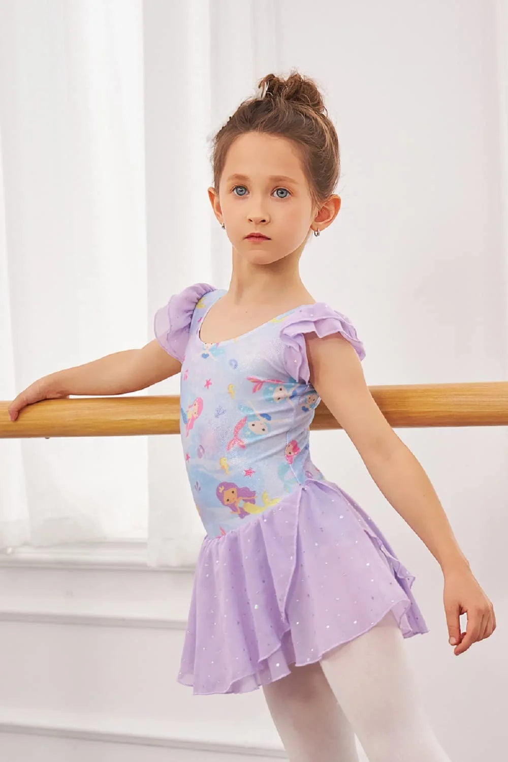 Oudiya Girls Ballet Dance Dress Leotards Ruffle Sleeve Shiny Ballet Tutu Skirt for Kids 3-11Y