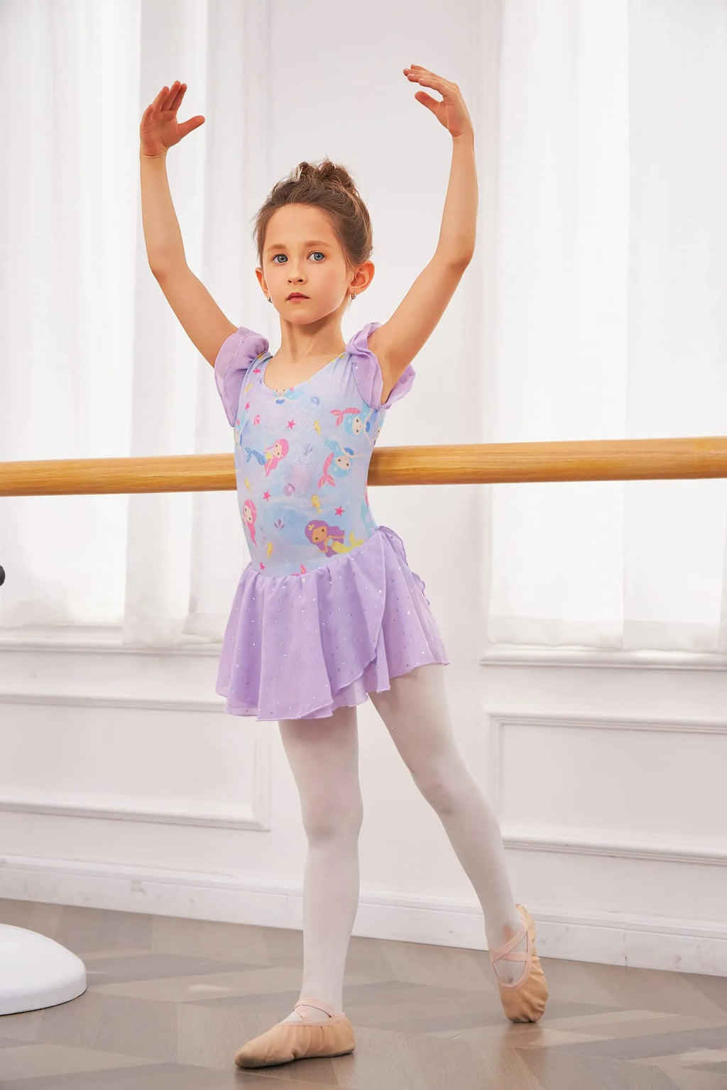Oudiya Girls Ballet Dance Dress Leotards Ruffle Sleeve Shiny Ballet Tutu Skirt for Kids 3-11Y
