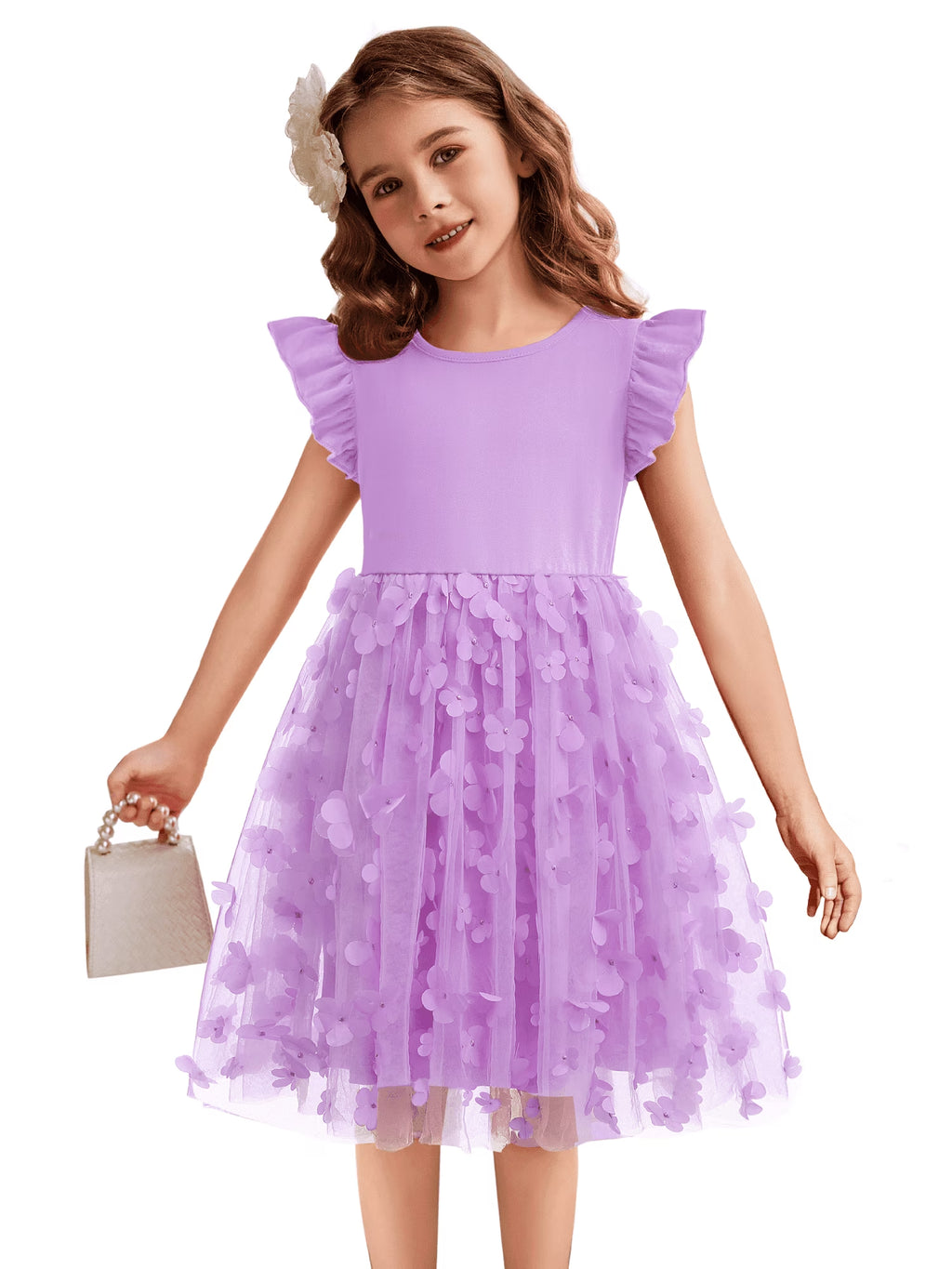 Oudiya Toddler Girls Tutu Dress Fluffy Ruffle Sleeve Dresses Summer Casual Tulle Party Sundress for Kids 6-7Y