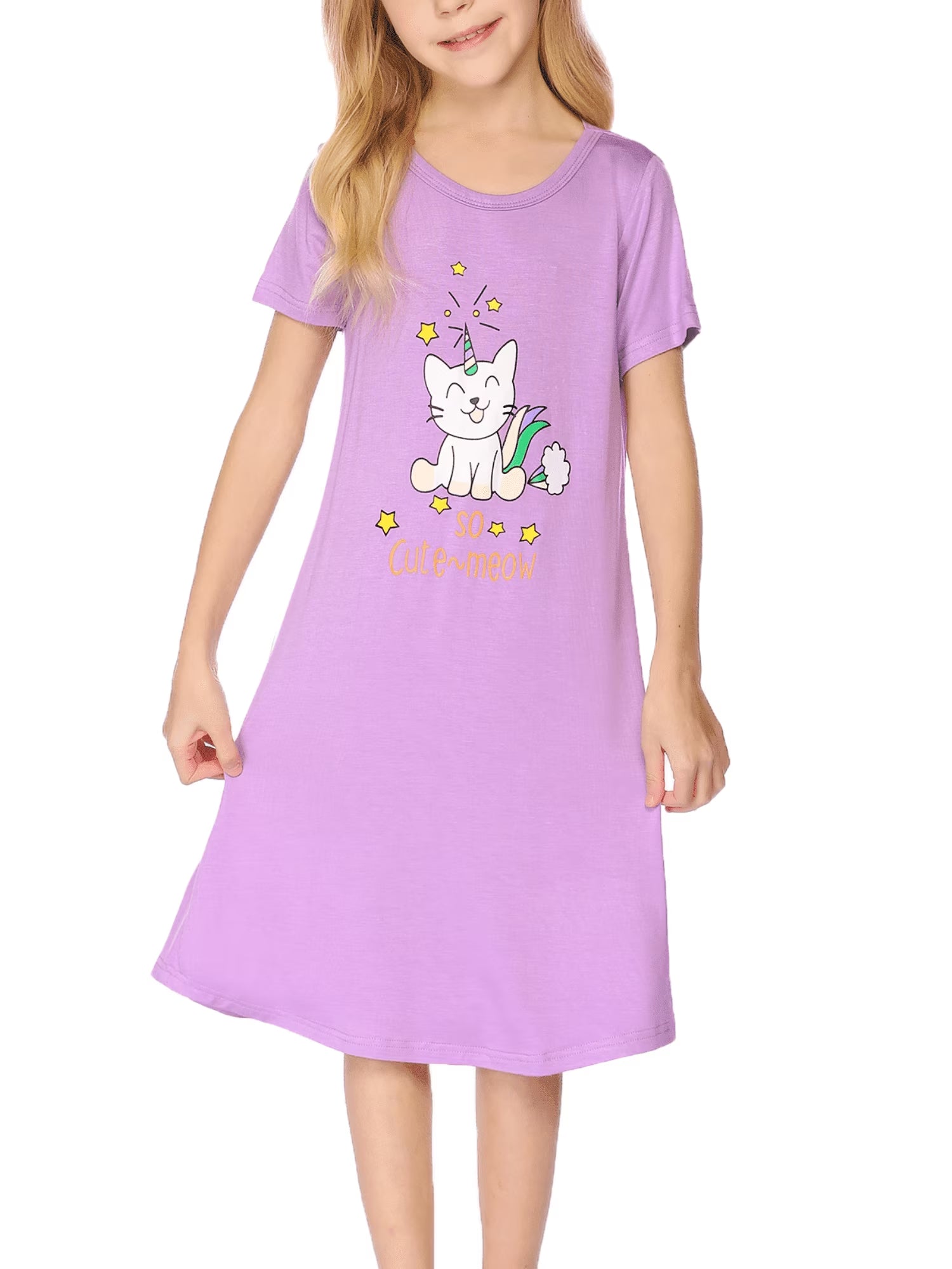 Oudiya Girls Short Sleeve Nightgowns Soft Print Pajamas Sleepwear Nighties for Kids 4-12
