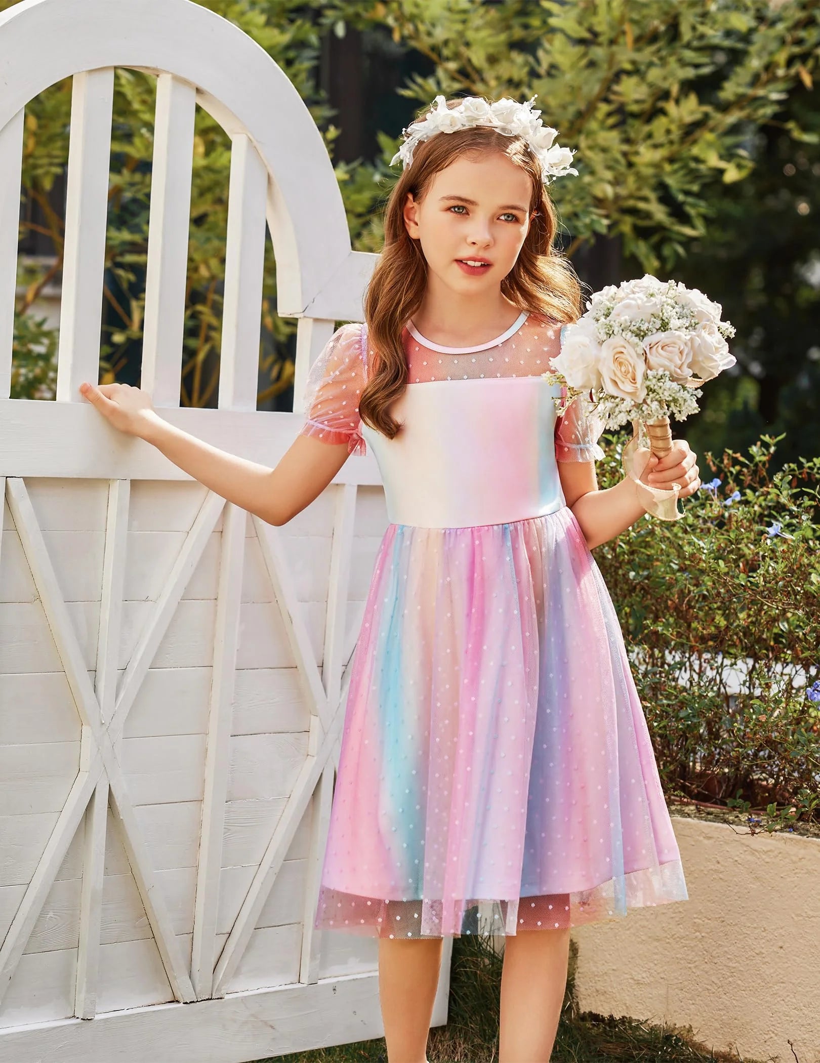 Oudiya Girls Contrast Mesh Short Sleeve Dress Puffy Casual A Line Party Dress for Kids 3-12Y