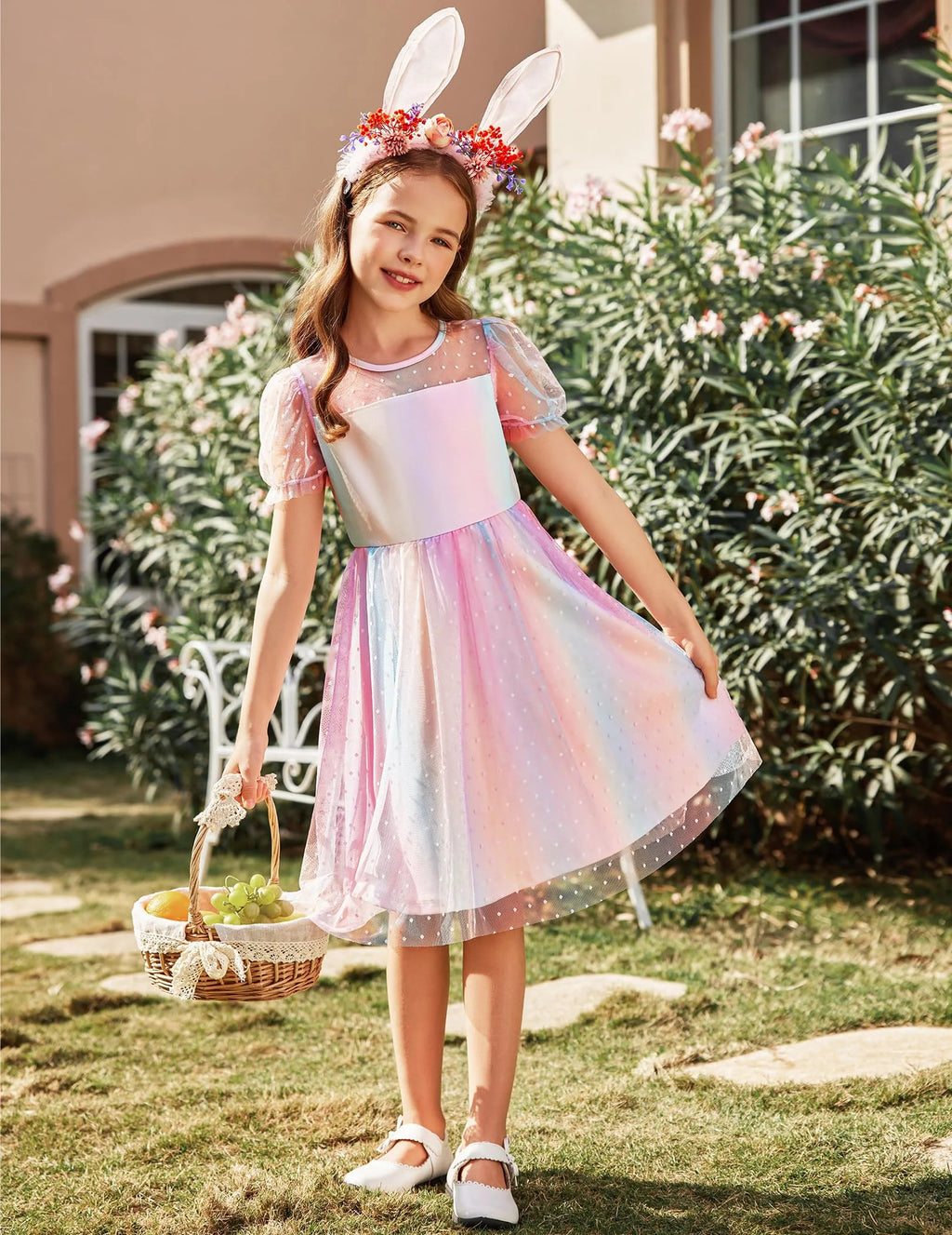 Oudiya Girls Contrast Mesh Short Sleeve Dress Puffy Casual A Line Party Dress for Kids 3-12Y