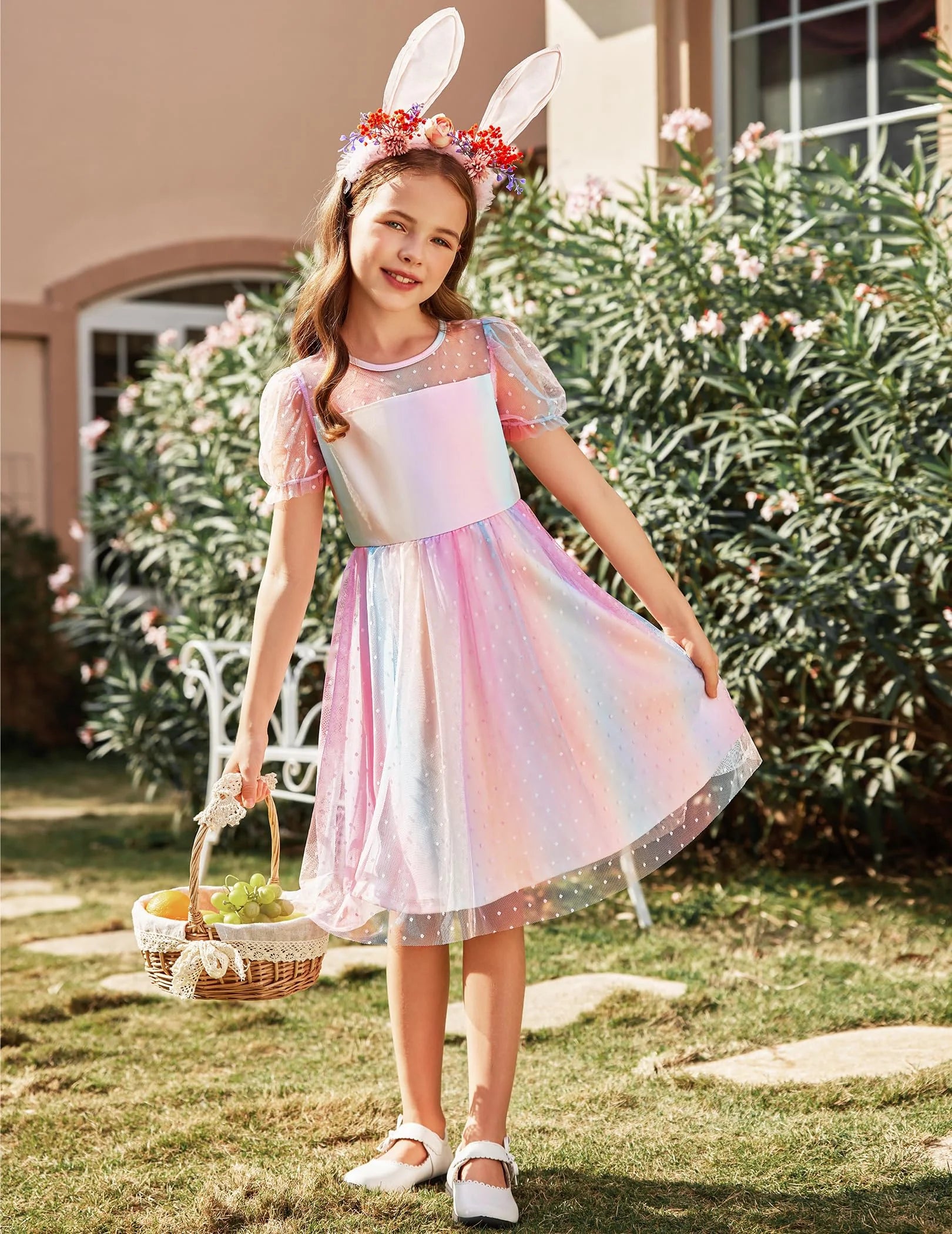 Oudiya Girls Contrast Mesh Short Sleeve Dress Puffy Casual A Line Party Dress for Kids 3-12Y