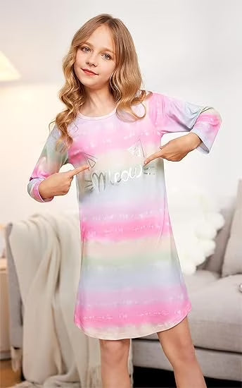 Oudiya Girls Long Sleeve Nightgowns Soft Print Pajamas Sleepwear Nighties for Kids 4-12