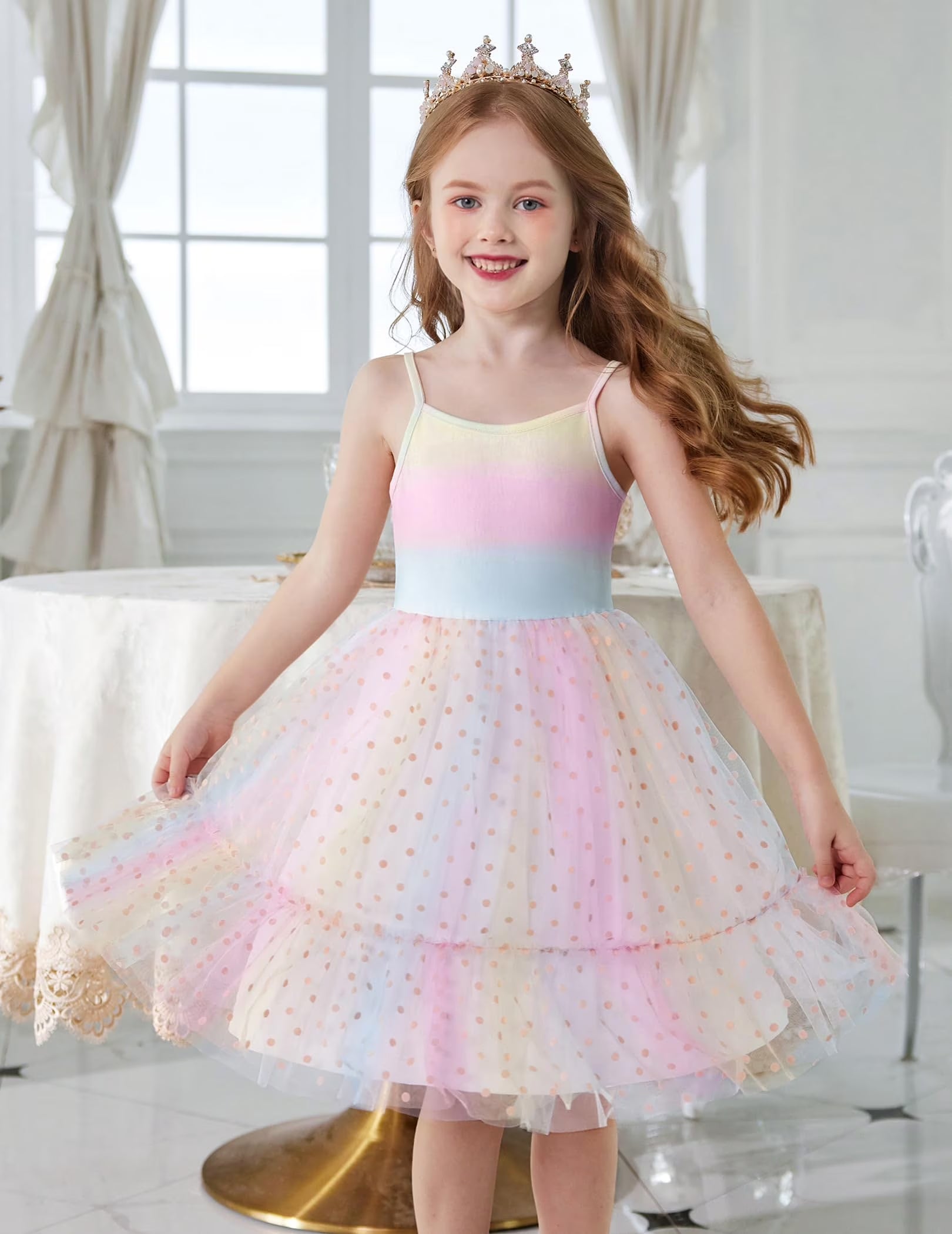 Oudiya Toddler Girls Tutu Party Dress Tulle Ruffle Hem Cami Summer Dress for Kids 2-6Y