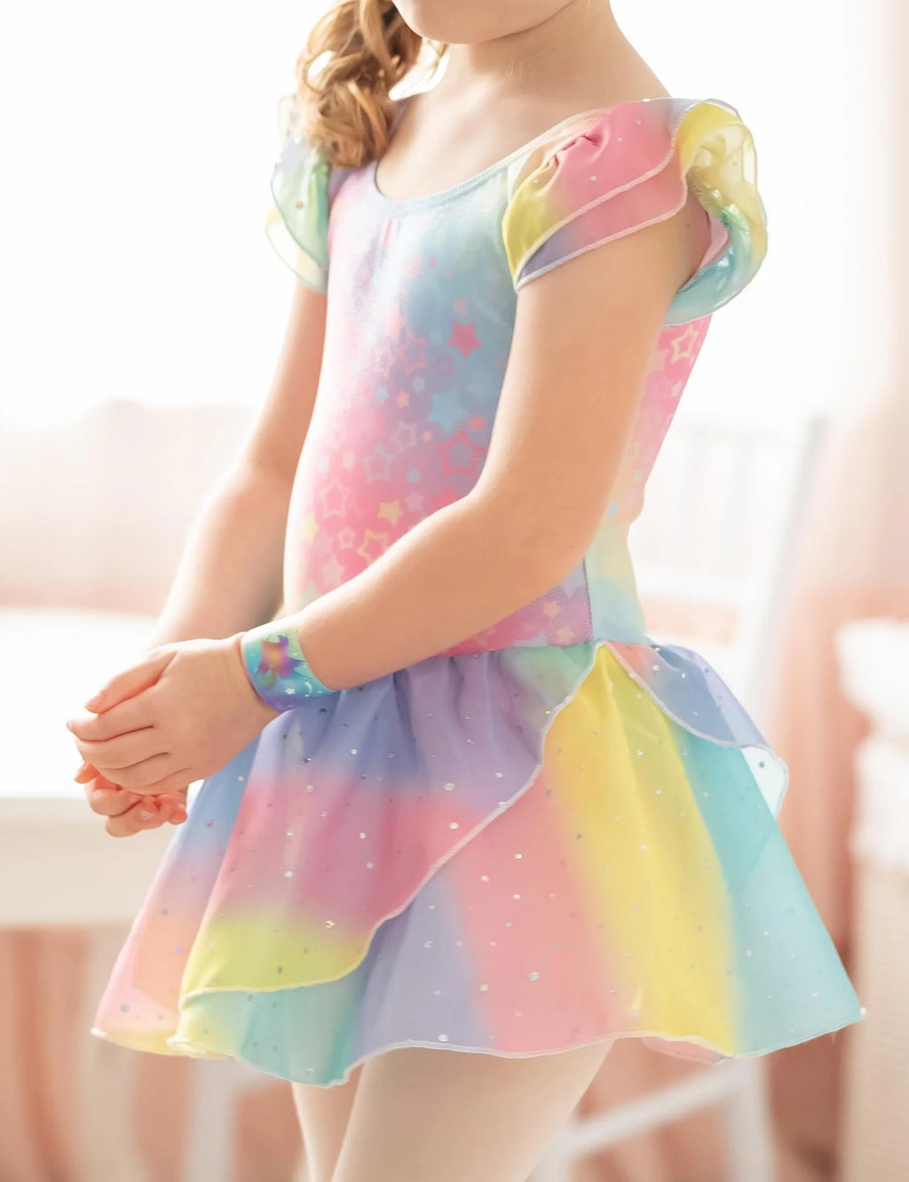 Oudiya Girls Ballet Dance Dress Leotards Ruffle Sleeve Shiny Ballet Tutu Skirt for Kids 3-11Y