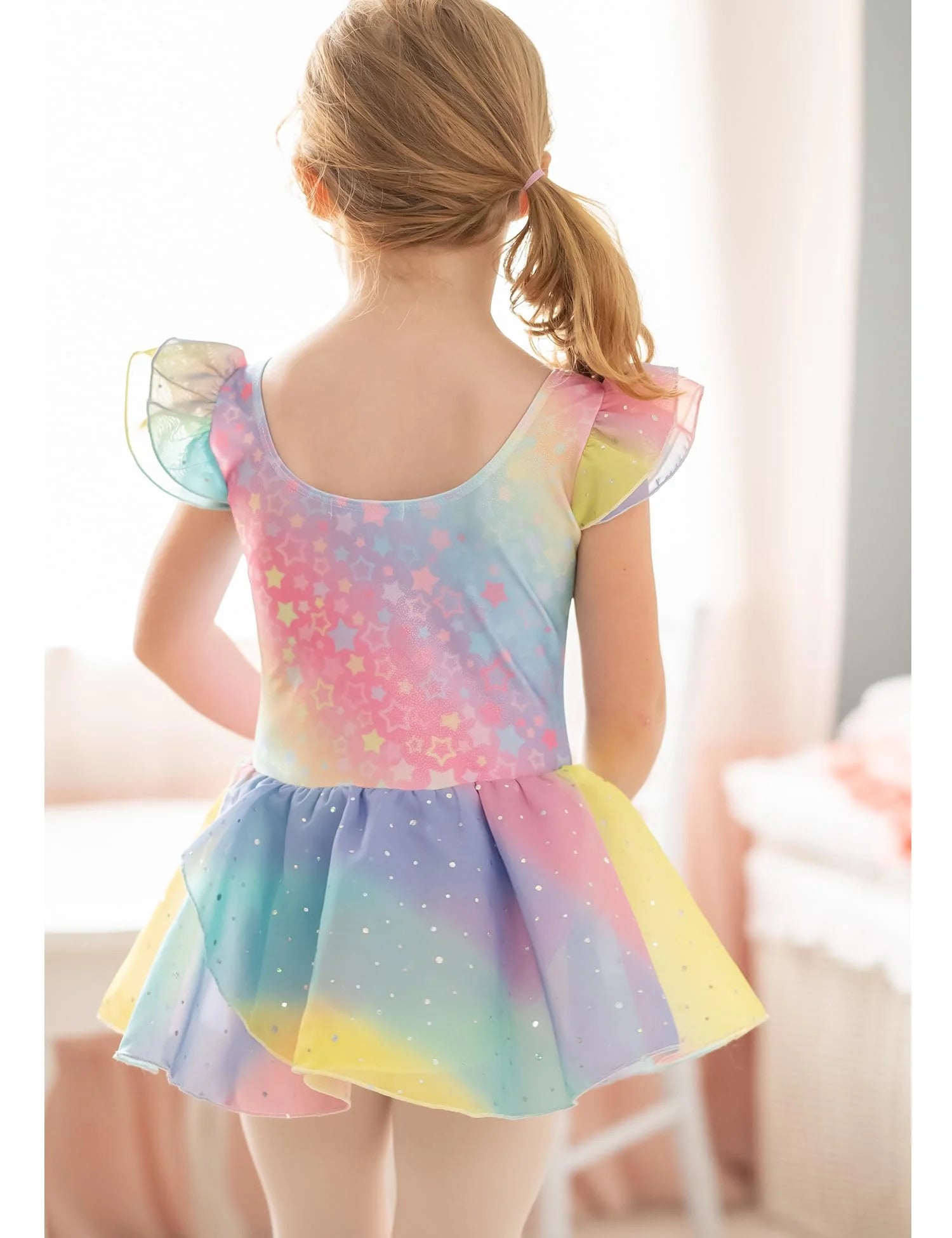 Oudiya Girls Ballet Dance Dress Leotards Ruffle Sleeve Shiny Ballet Tutu Skirt for Kids 3-11Y
