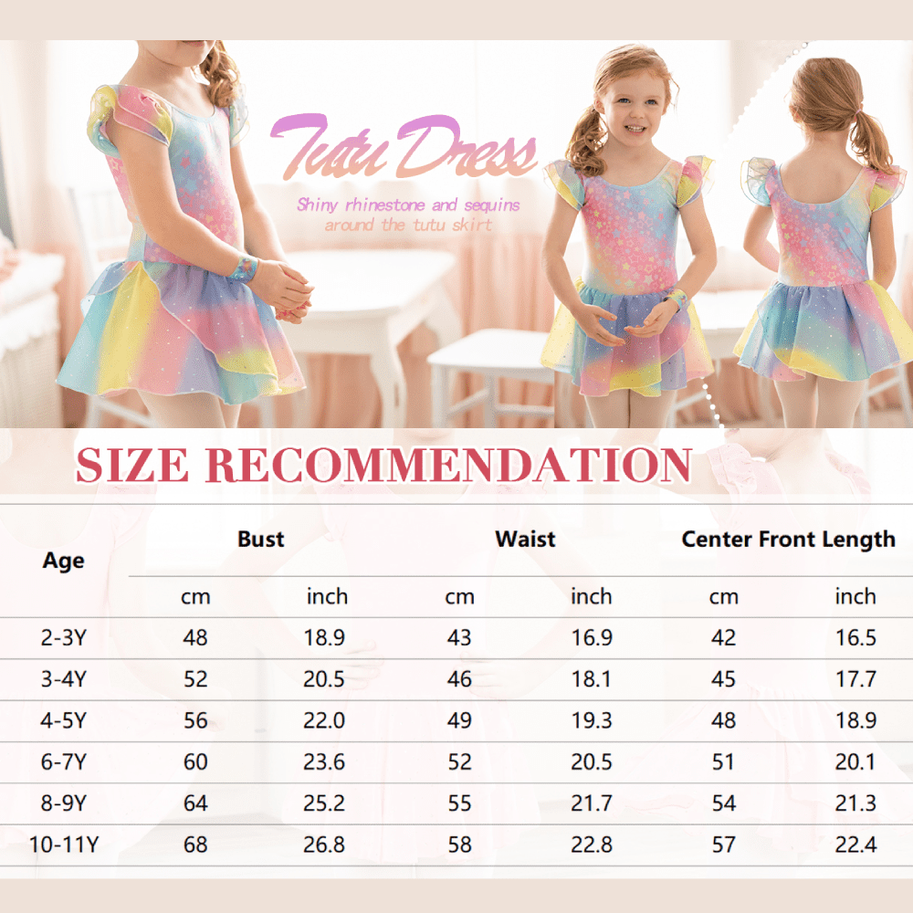 Oudiya Girls Ballet Dance Dress Leotards Ruffle Sleeve Shiny Ballet Tutu Skirt for Kids 3-11Y