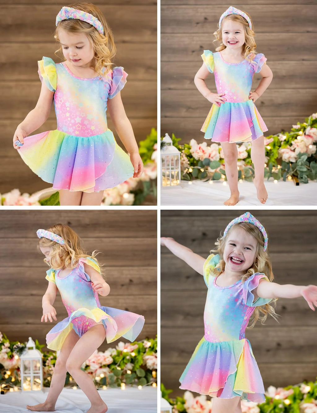 Oudiya Girls Ballet Dance Dress Leotards Ruffle Sleeve Shiny Ballet Tutu Skirt for Kids 3-11Y