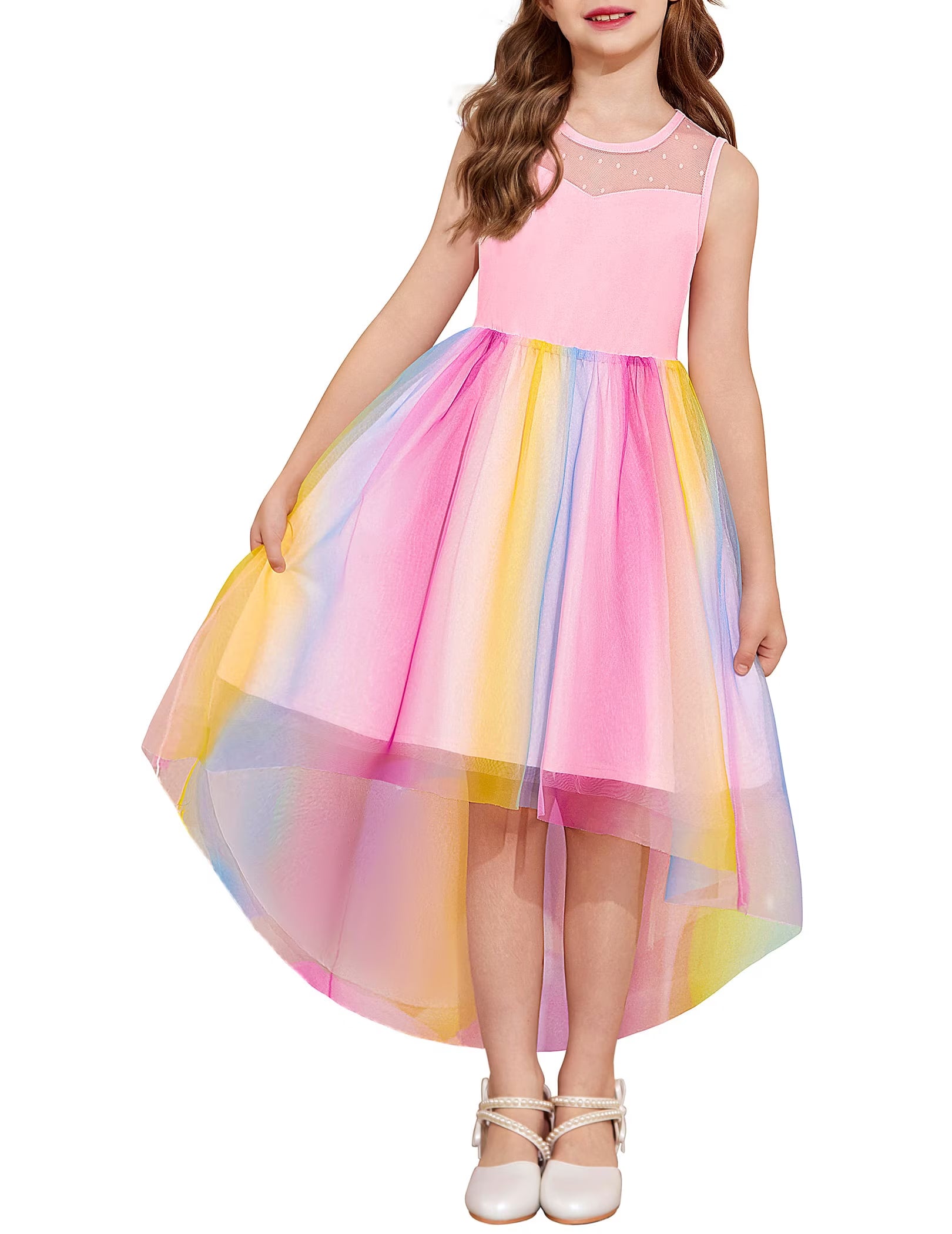 Oudiya Girls Formal Party Dresses Wedding Tulle Sleeveless Contrast Mesh High Low Flower Dress with Belt