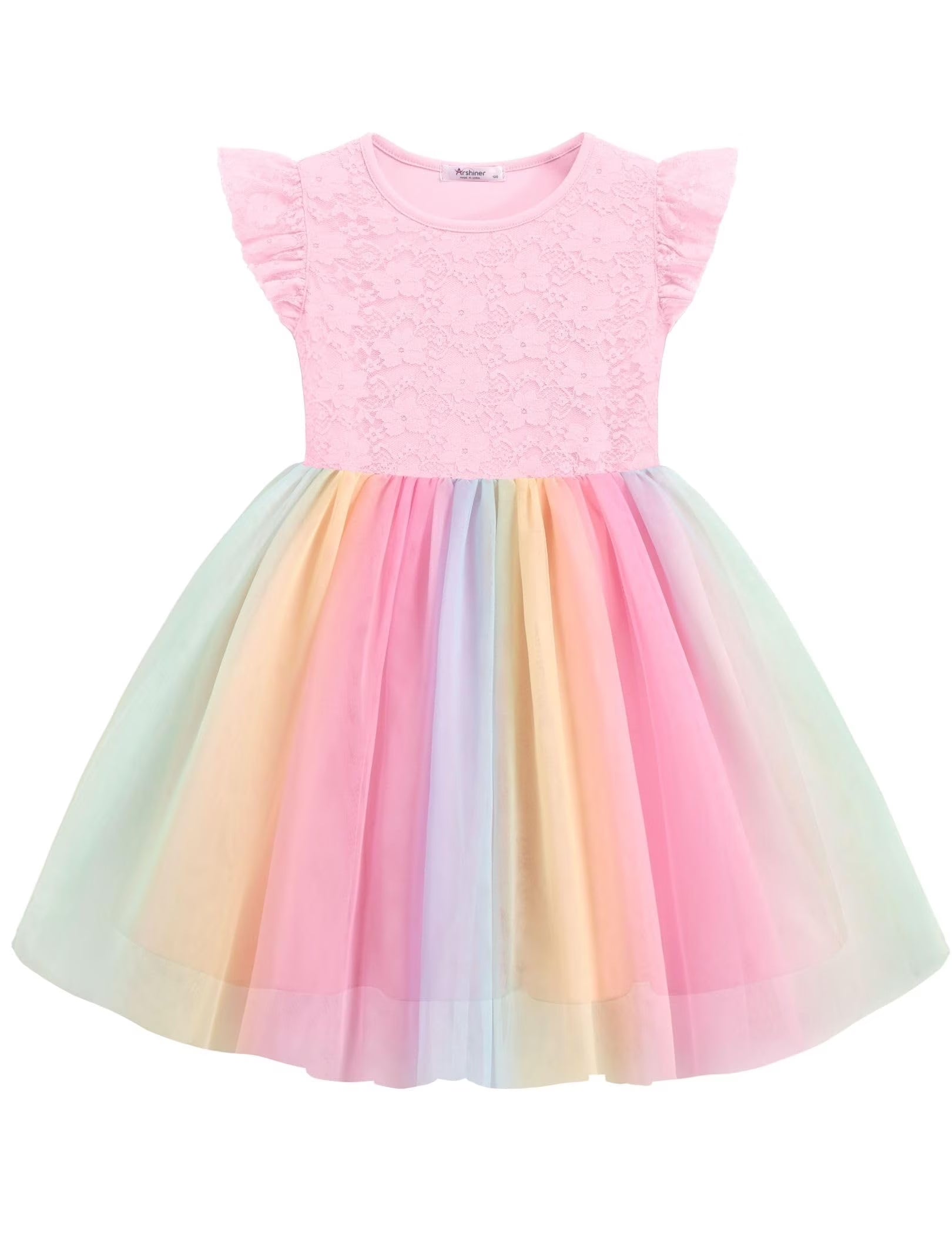 Oudiya Toddler Girls Lace Tutu Dress 3 Layer Tulle Ruffle Sleeve Summer Flower Girl Wedding Birthday Dress