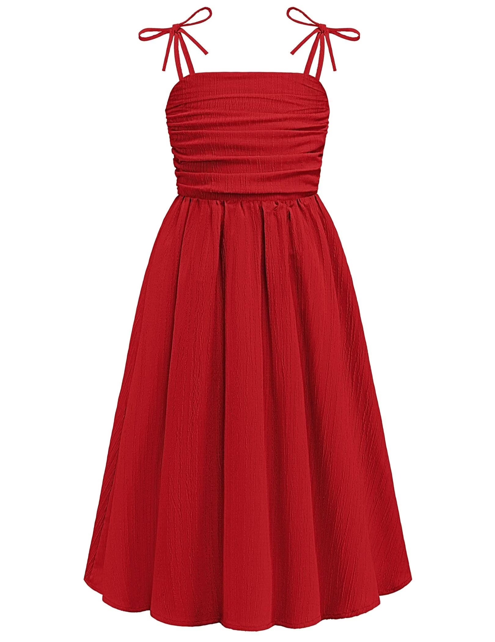Oudiya Girls Summer Dress Maxi Spaghetti Strap Ruched Flowy Beach Boho Casual Teen Girl Party Sundress 6-14Y