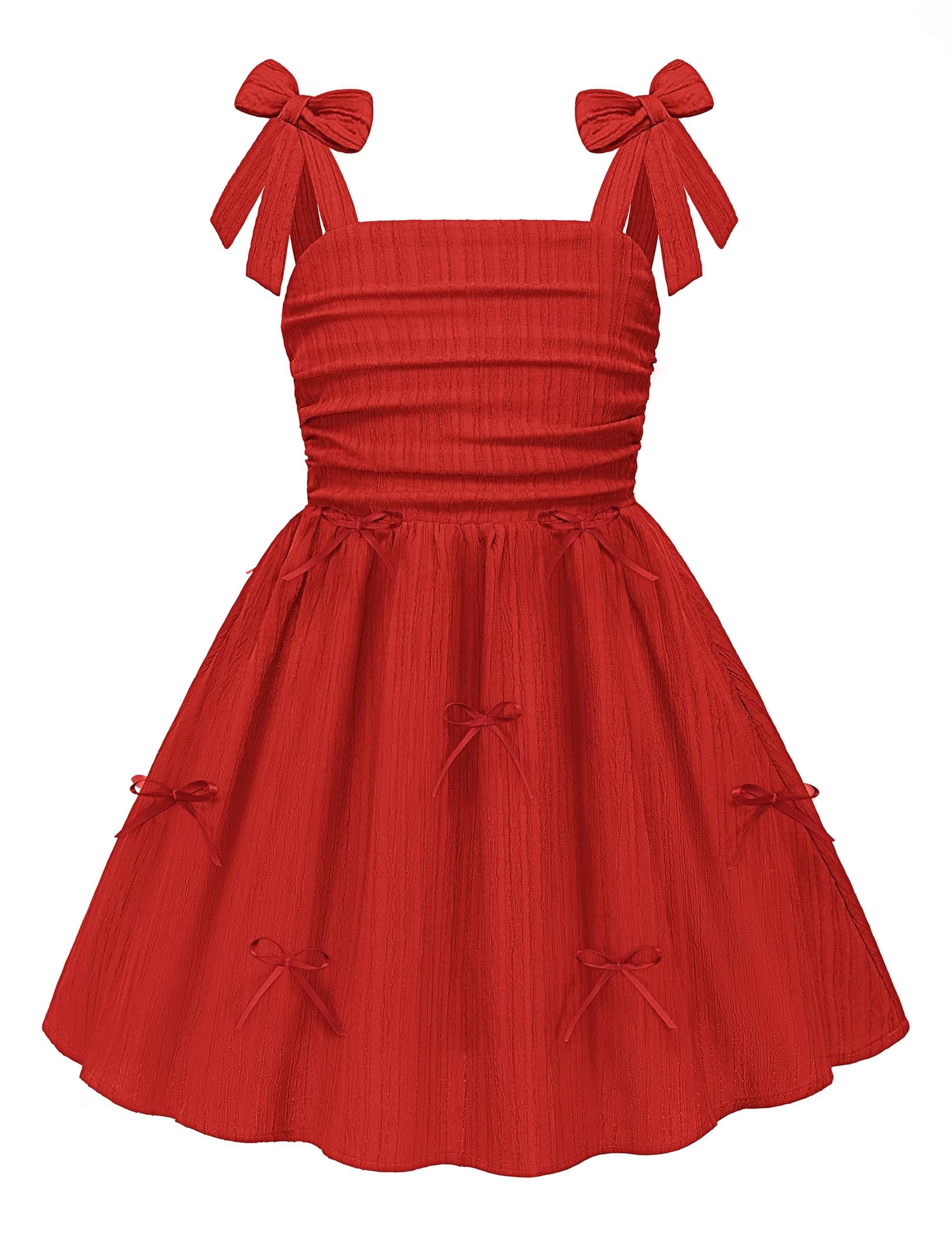 Oudiya Girls Summer Dreeses Spaghetti Strap Bow Ruched Smocked Back Boho Beach Party Sundress, 4-14Y