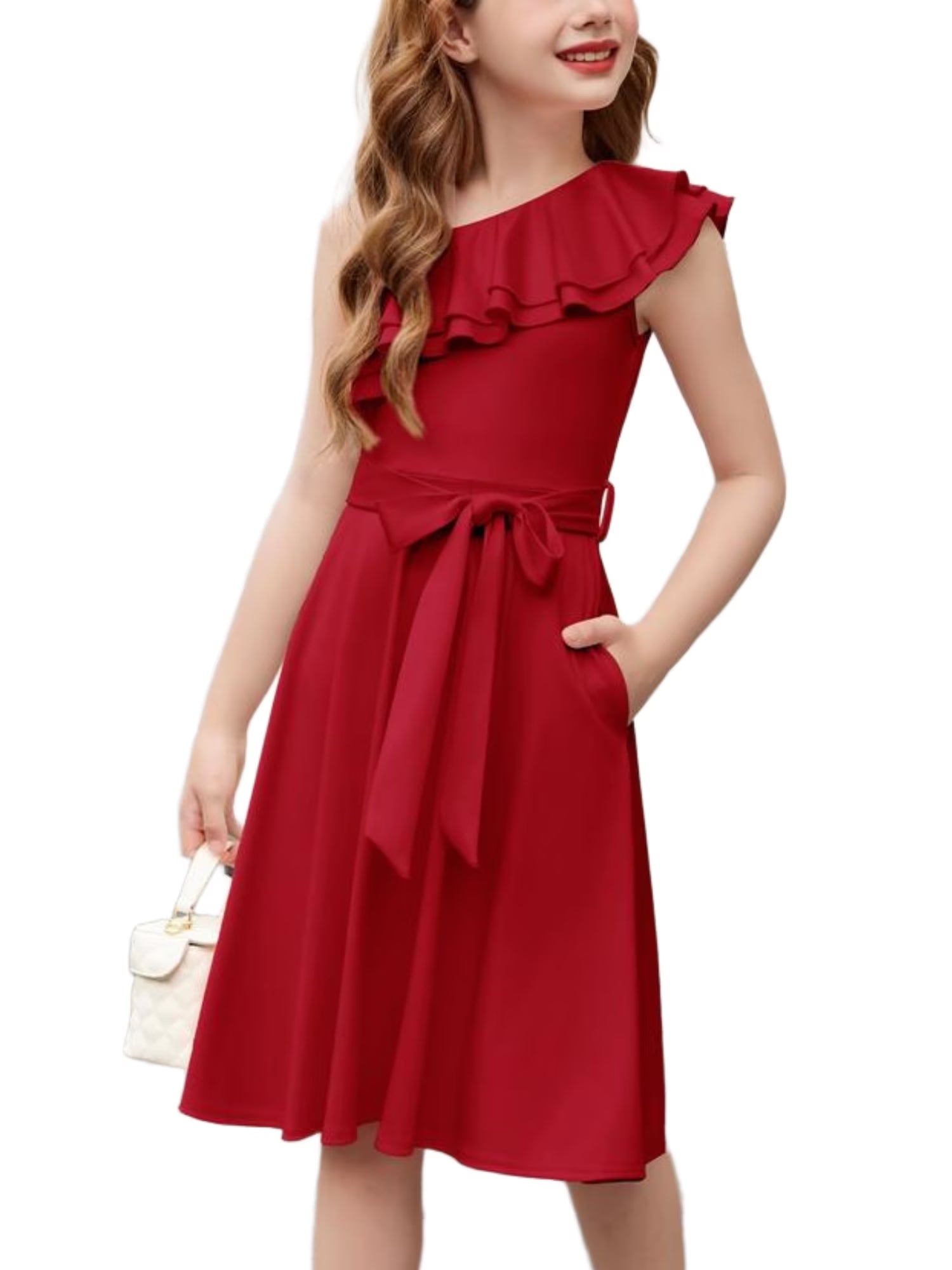 Oudiya Girls One Shoulder Dress Formal Ruffle Trim Birthday Party Dresses with Belted Pockets for Kids 5-12Y
