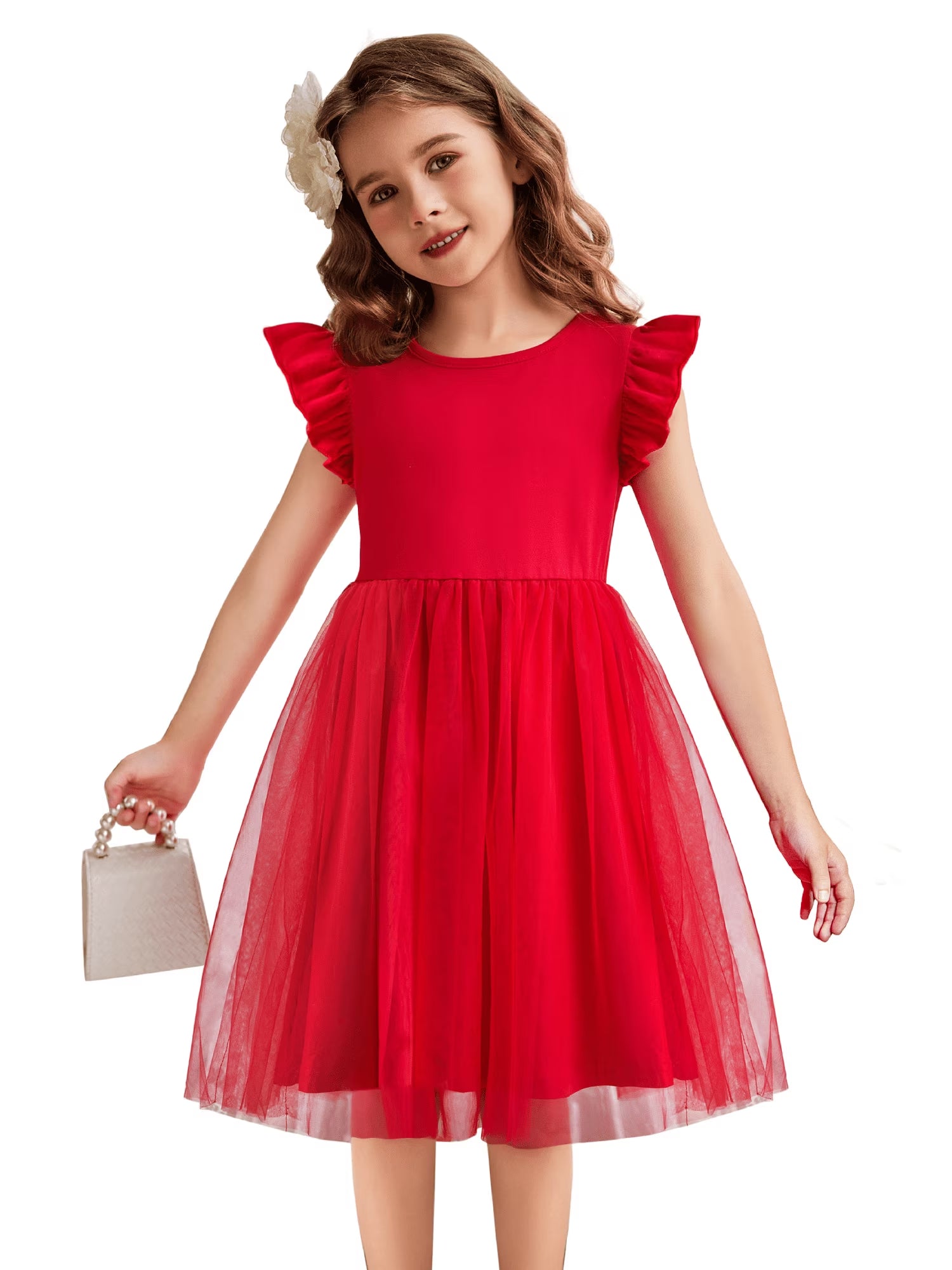Oudiya Toddler Girls Tutu Dress Fluffy Ruffle Sleeve Dresses Summer Casual Tulle Party Sundress for Kids 6-7Y
