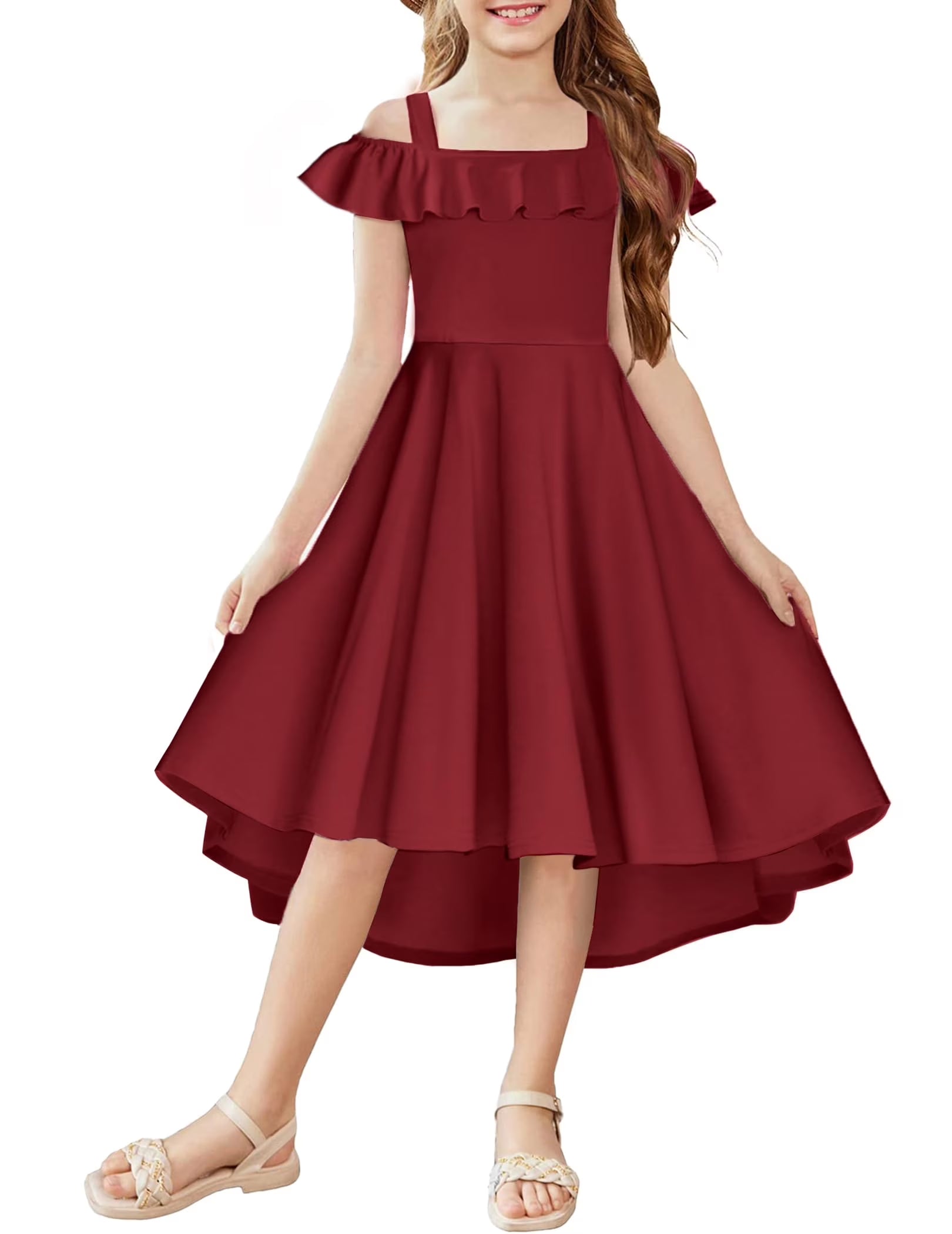 Oudiya Girls Off Shoulder Dress Flutter Sleeve Summer Midi Swing Dress with Pockets Formal Dress 4-13Y