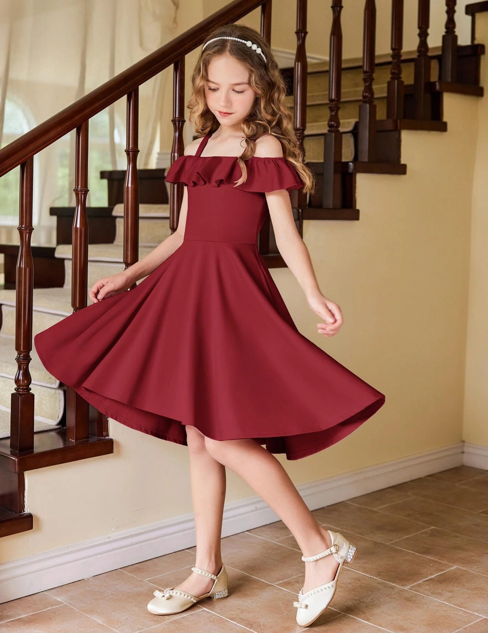 Oudiya Girls Off Shoulder Dress Flutter Sleeve Summer Midi Swing Dress with Pockets Formal Dress 4-13Y