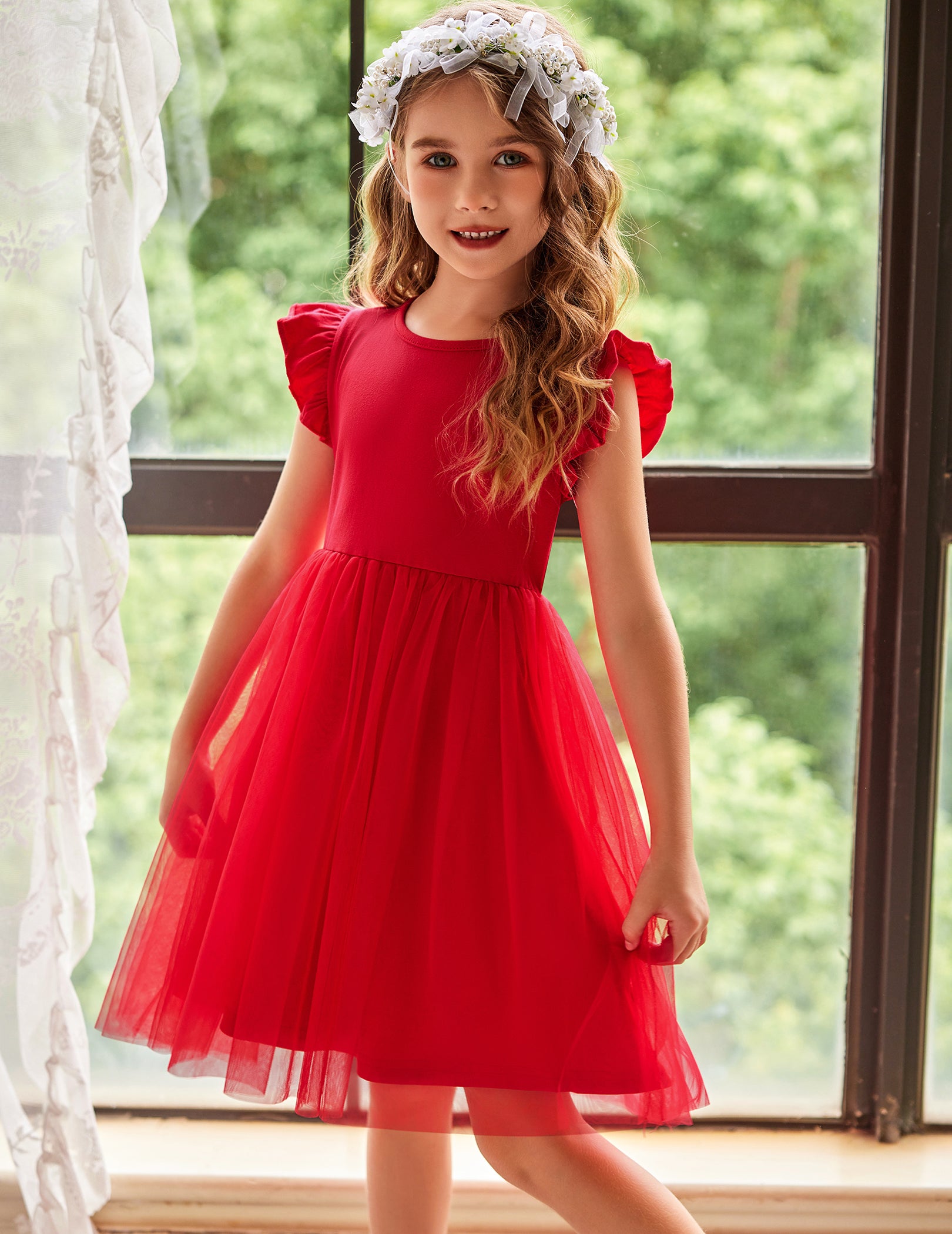 Oudiya Toddler Girls Tutu Dress Fluffy Ruffle Sleeve Dresses Summer Casual Tulle Party Sundress for Kids 6-7Y