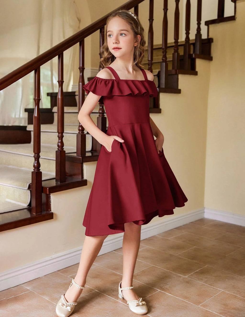 Oudiya Girls Off Shoulder Dress Flutter Sleeve Summer Midi Swing Dress with Pockets Formal Dress 4-13Y