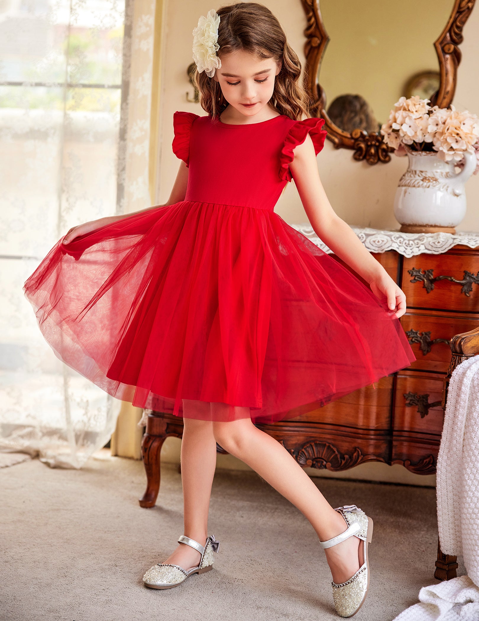 Oudiya Toddler Girls Tutu Dress Fluffy Ruffle Sleeve Dresses Summer Casual Tulle Party Sundress for Kids 6-7Y