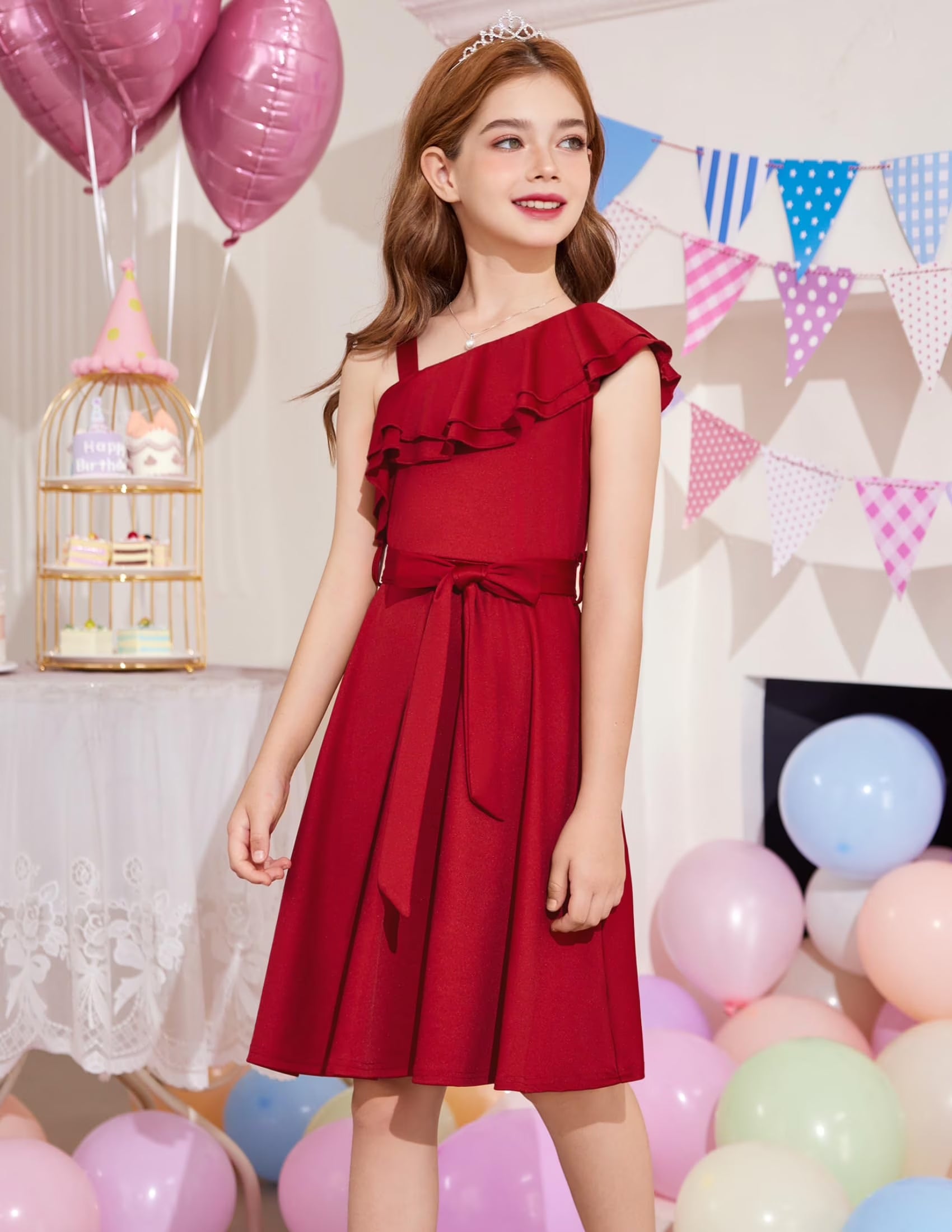 Oudiya Girls One Shoulder Dress Formal Ruffle Trim Birthday Party Dresses with Belted Pockets for Kids 5-12Y