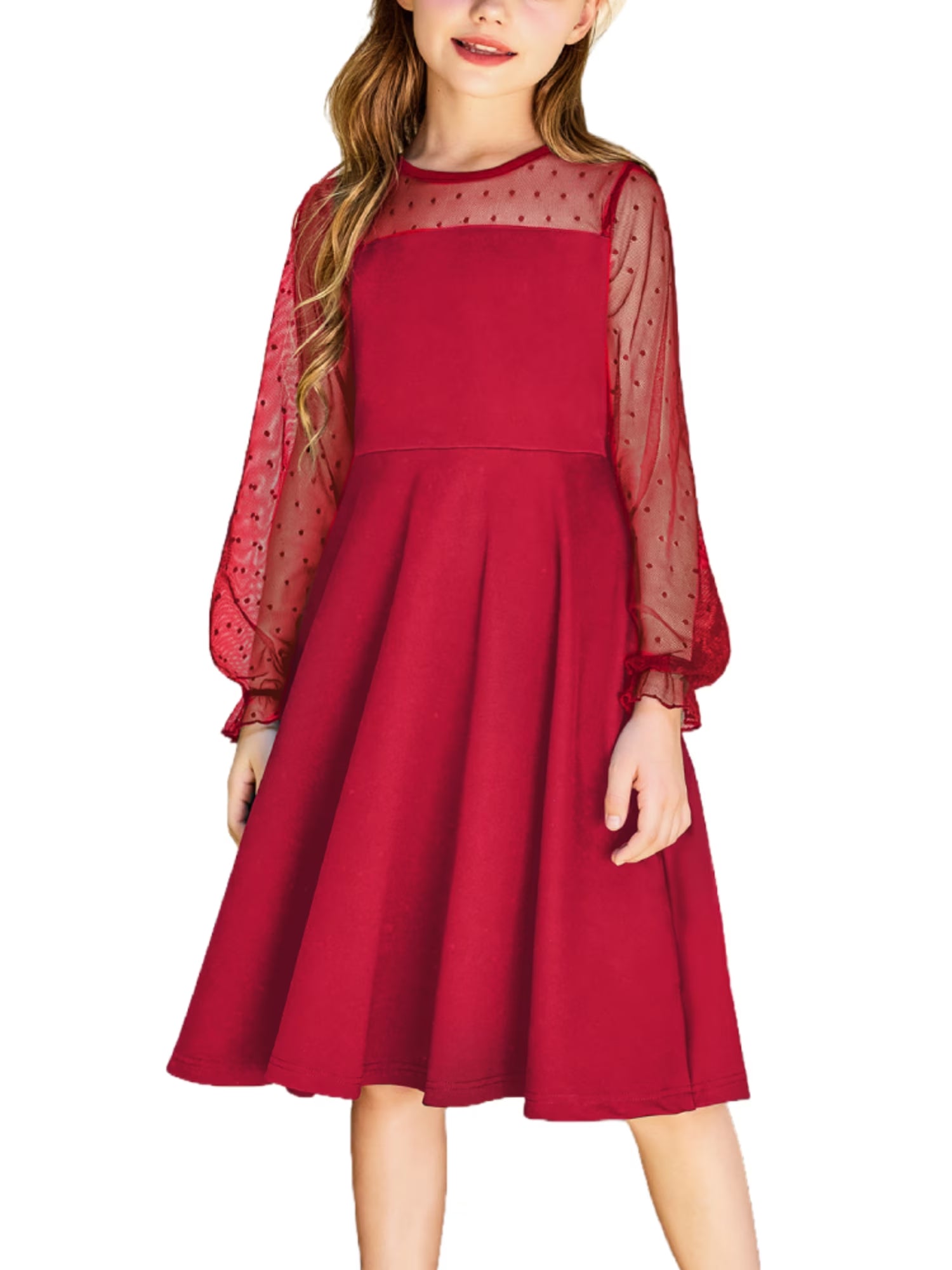 Oudiya Girls Mesh Puff Lantern Long Sleeve High Waist Formal A Line Dress with Pockets for Kids 6-16 Years