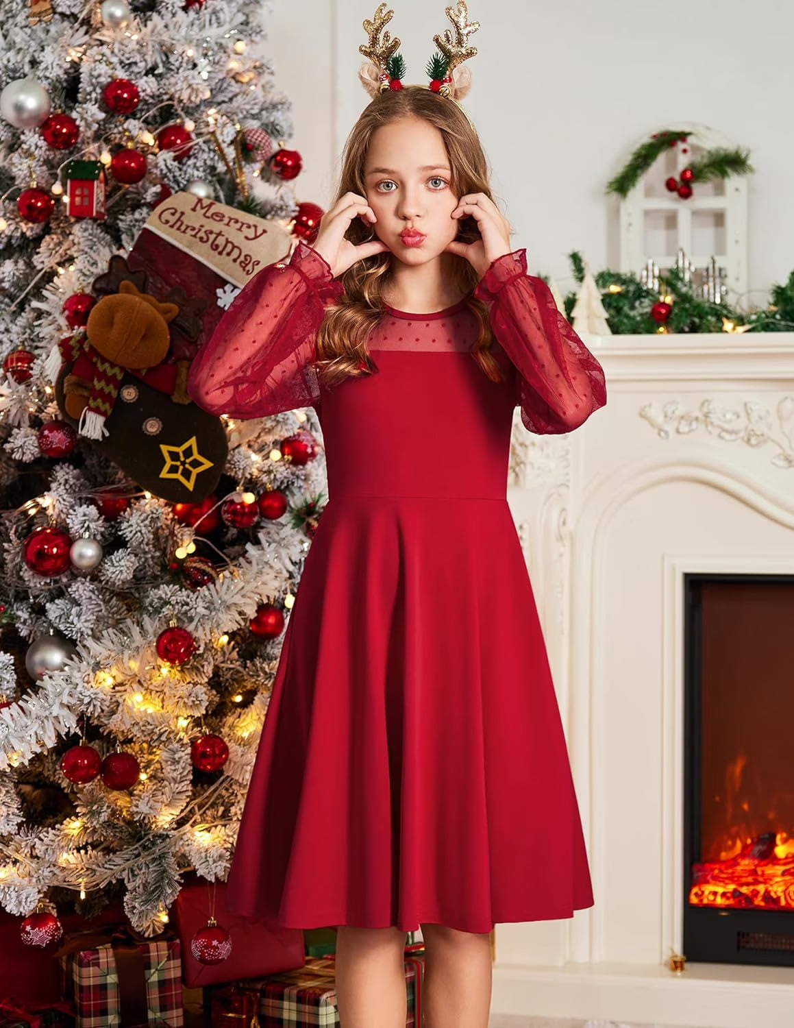 Oudiya Girls Mesh Puff Lantern Long Sleeve High Waist Formal A Line Dress with Pockets for Kids 6-16 Years
