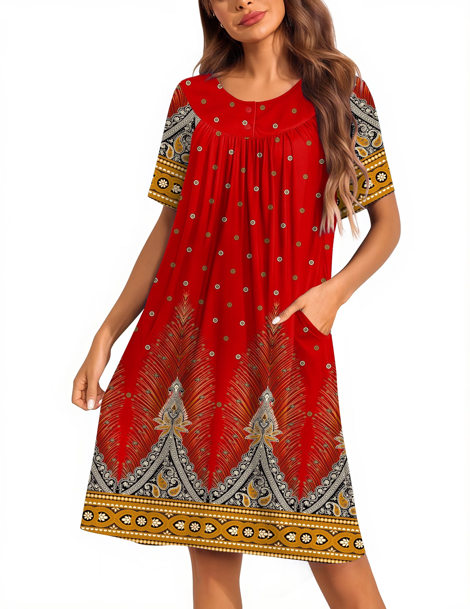 Oudiya Women Moo Moos House Dresses Button Short Sleeve Floral Mumu Nightgown with Pocket, S-3XL