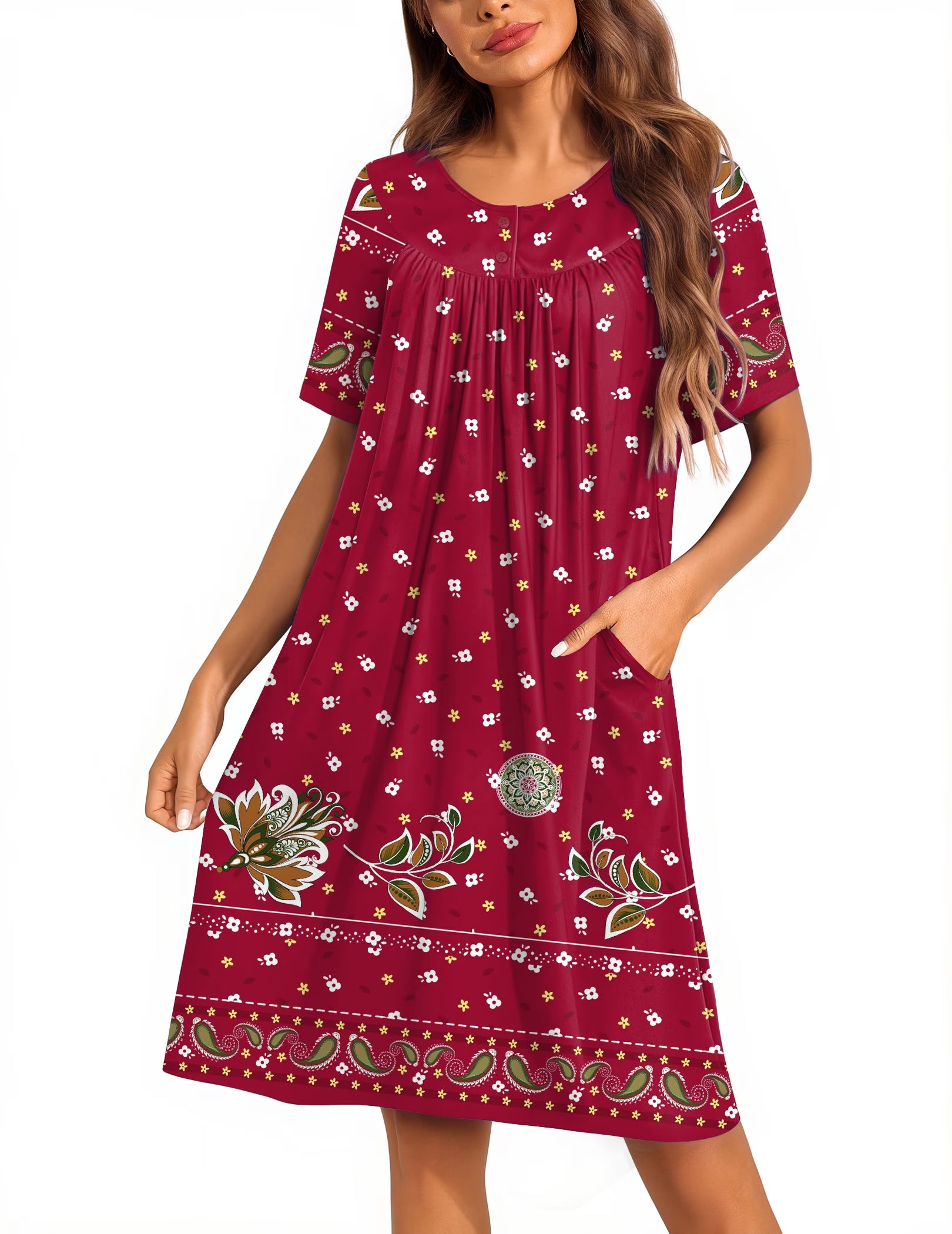 Oudiya Women Moo Moos House Dresses Button Short Sleeve Floral Mumu Nightgown with Pocket, S-3XL