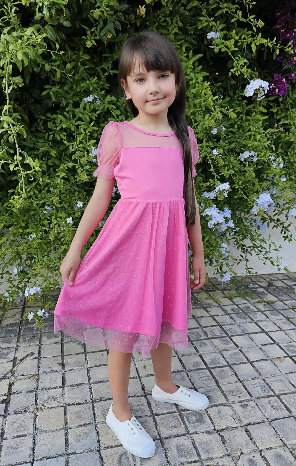 Oudiya Girls Contrast Mesh Short Sleeve Dress Puffy Casual A Line Party Dress for Kids 3-12Y