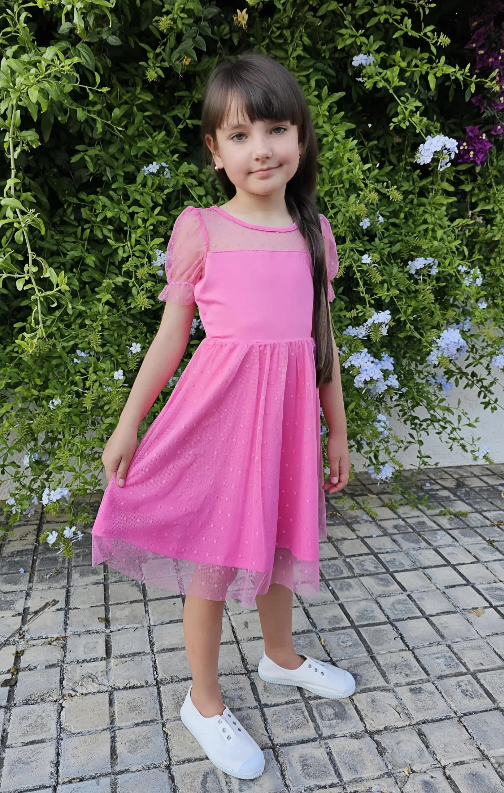 Oudiya Girls Contrast Mesh Short Sleeve Dress Puffy Casual A Line Party Dress for Kids 3-12Y